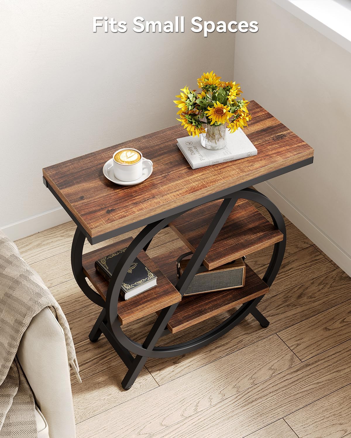 End Table, Narrow Side Table with 4-Tier Large Storage Space, Modern Bedside Table for Living Room, Home Office, Bedroom, Brown