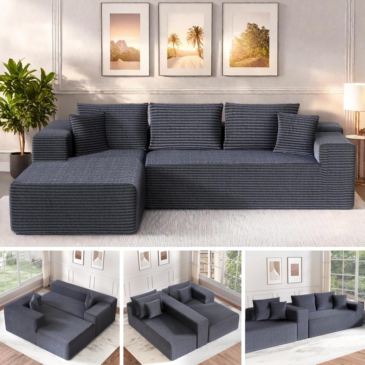 Cloud Sectional Couch, 104”L-Shape Large Oversized Sofa with Right Chaise Lounge, Modular Sleeper Couch with Pillows & Deep Seat, Flannel Velvet Compressed Sofa for Living Room, Dark Gray