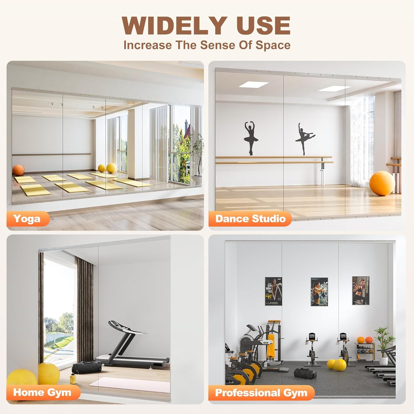 Hasipu Home Gym Mirror 79" L x 36" W - 2PCS Large Full Body Mirror for Yoga, Wall-Mounted Mirrors for Fitness, Garage, Dance Studio, 0.16in Tempered Glass Frameless