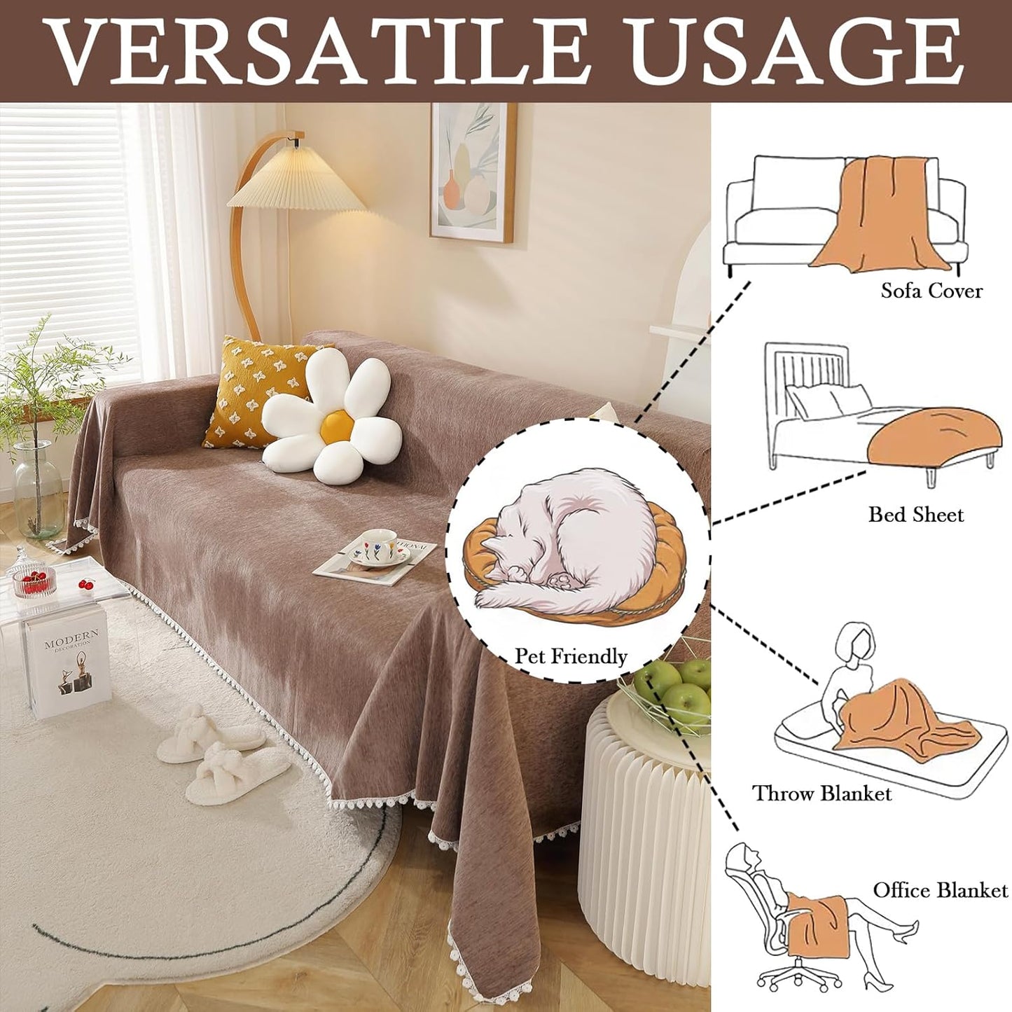 HANDONTIME Brown Sofa Covers Simple Couch Cover for Pet White Floral Couch Cushion Covers for L Shape Chocolate Sofa Throw Cover Sectional Couch Covers for Living Room Machine Washable, 71" X134"