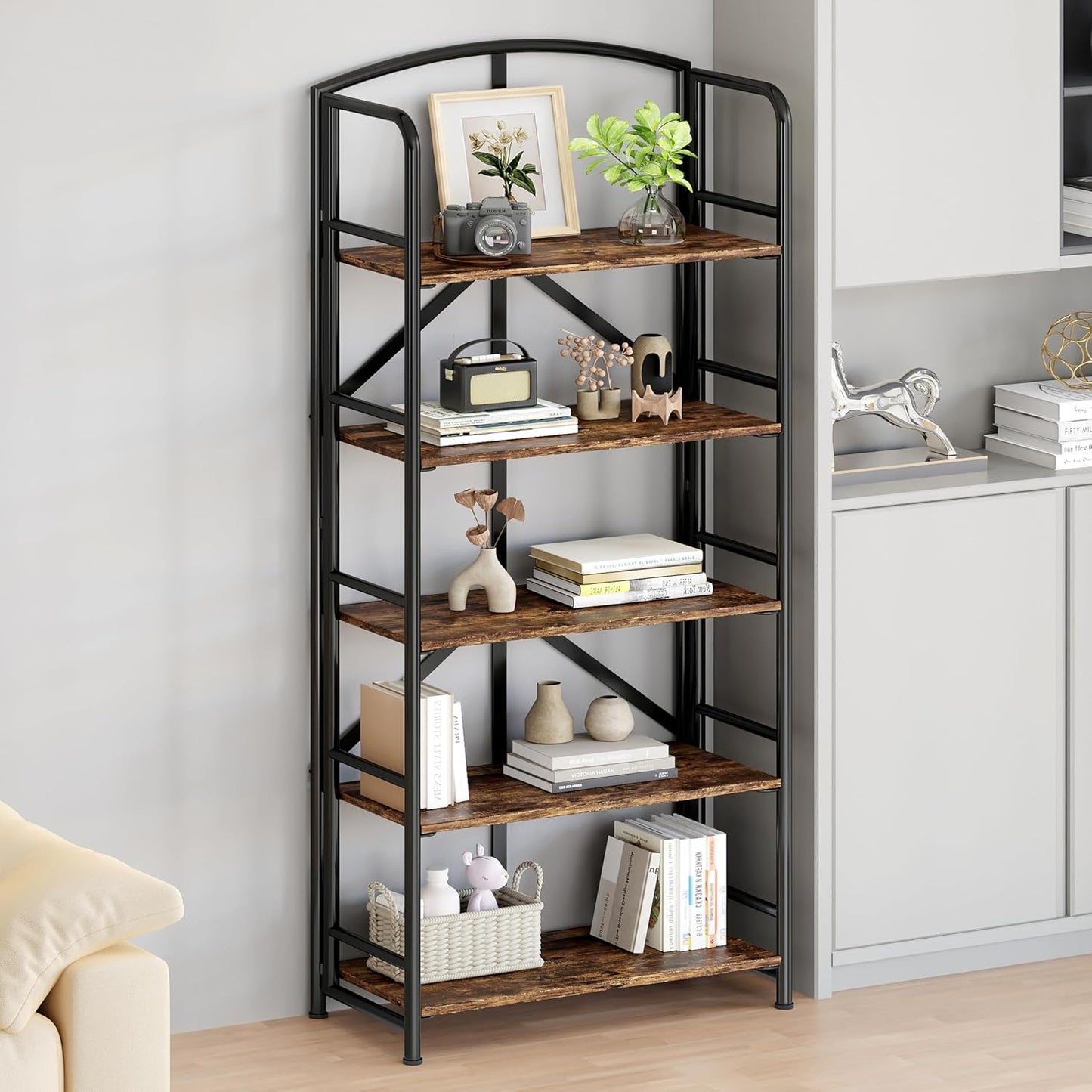 No-Assembly Folding Gold Bookshelf Storage Shelves 5 Tiers Vintage Multifunctional Plant Flower Stand Storage Rack Shelves Bookcase for Home Office
