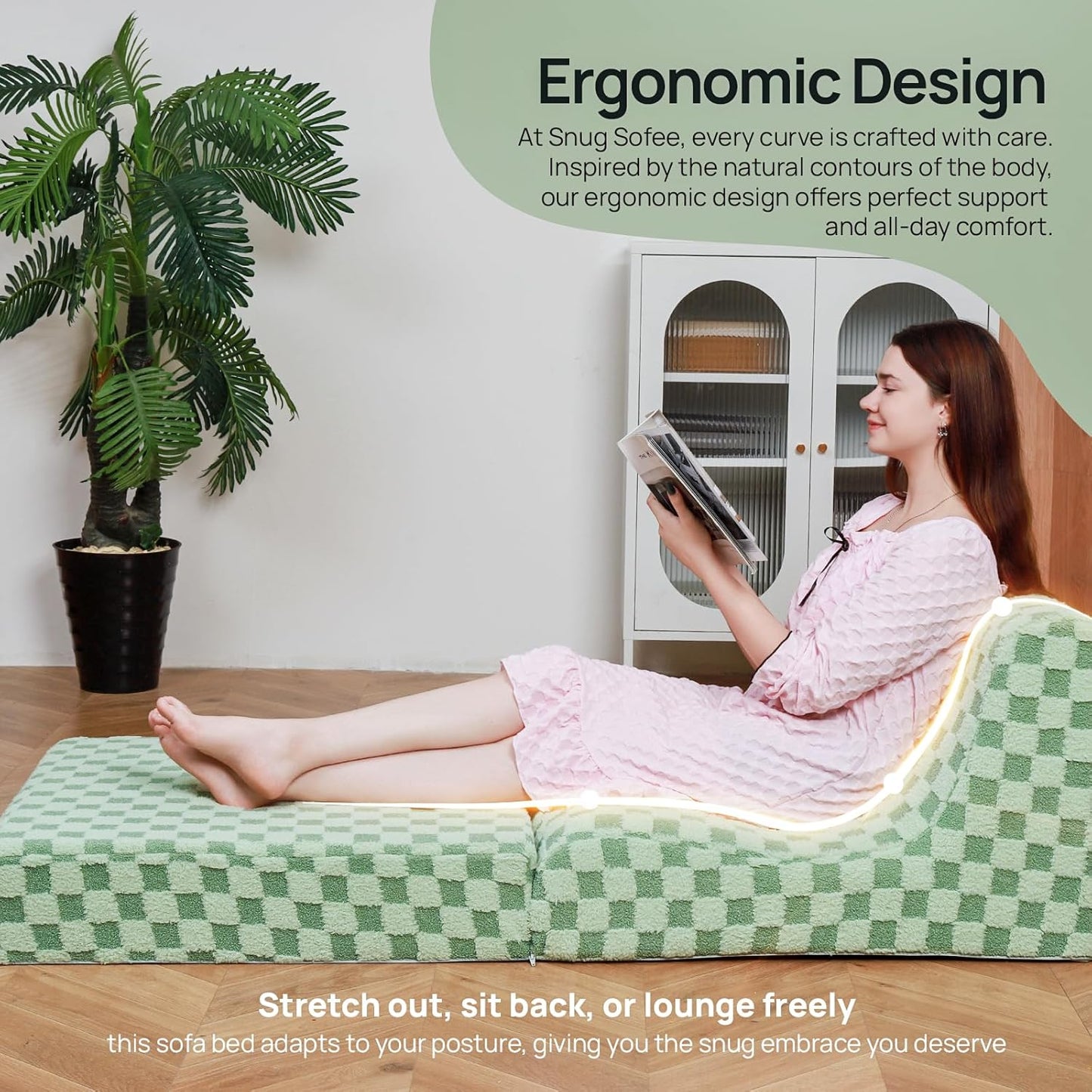 Bean Bag Chair with Checkerboard Shaker Fleece Fabric, Folding Sofa Bed, Floor Sleeper Lounge Chair, Lazy Sofa for Living Room, Bedroom, Apartments (Mint Green)