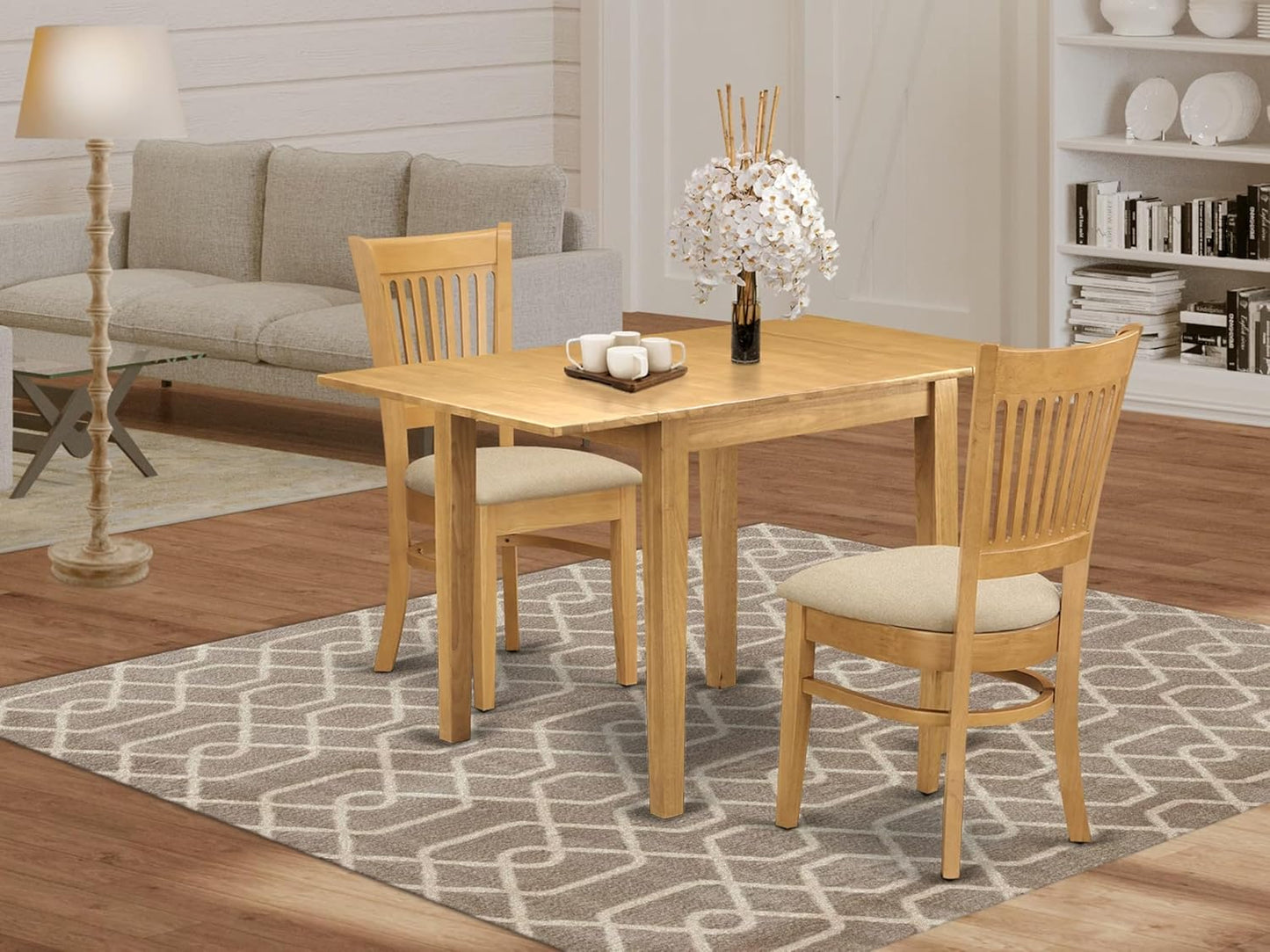 East West Furniture NDVA3-OAK-C 3 Piece Dining Room Furniture Set Contains a Rectangle Kitchen Table with Dropleaf and 2 Linen Fabric Upholstered Dining Chairs, 30x48 Inch, Oak