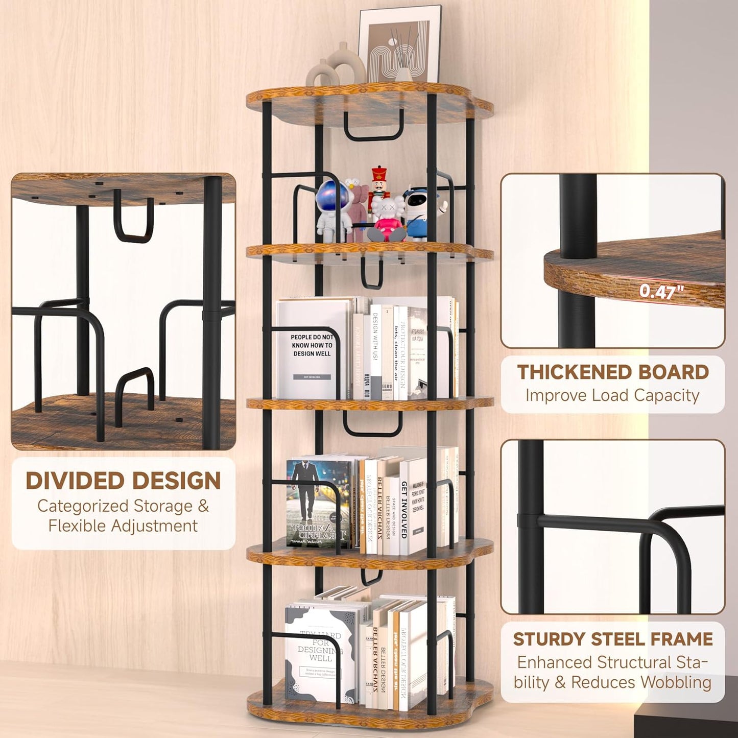 4-Tier Rotating Book Shelf, 360° Display Spinning Bookshelf Tower, Book Organizer, Floor Standing Bookcases for Small Space, Corner Book Shelf for Bedroom, Living Room, Study Room (RUSTIC BROWN)