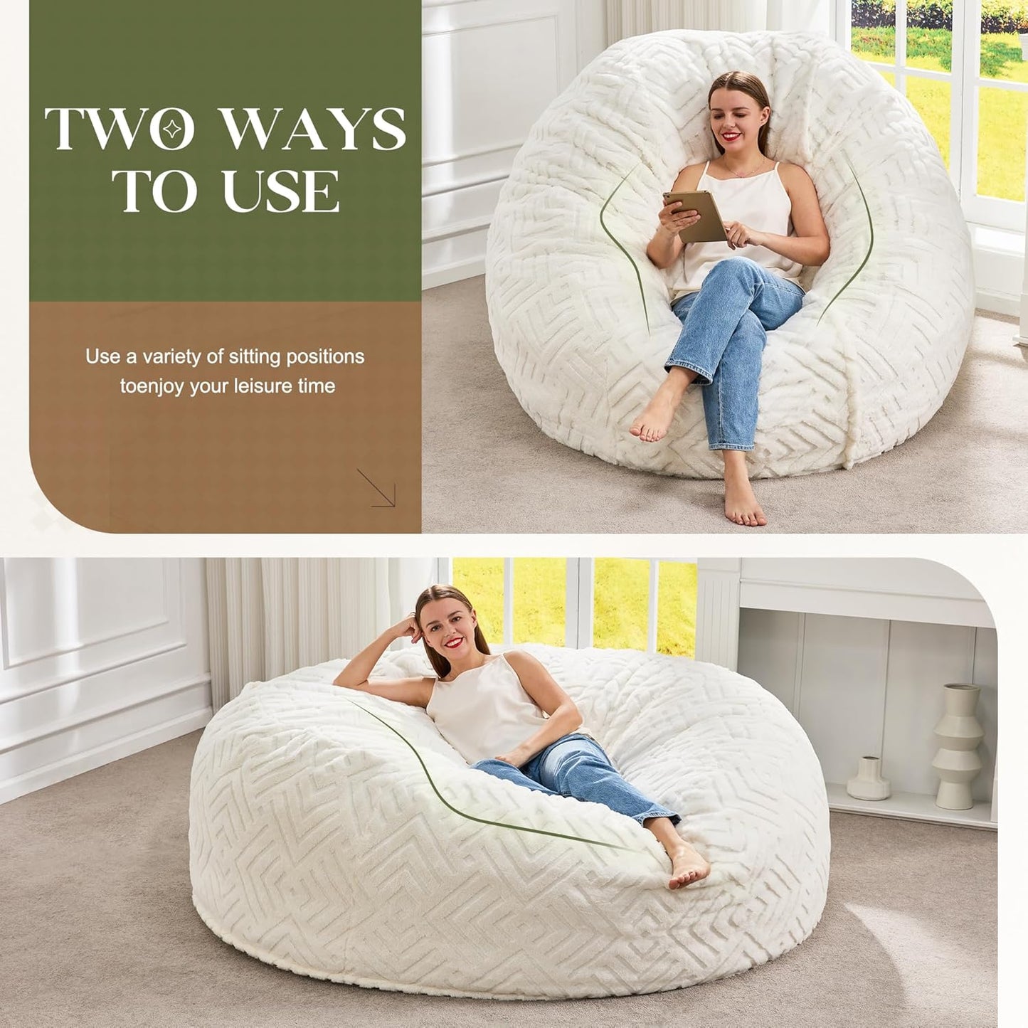 Hobestluk Bean Bag Chairs Adults Beanbag Chair with Filler Large Bean Bags with Fluffy Embossed Cover, Giant Bean Bag Chairs for Adults (White, 6FT - 70" x 70" x 15")