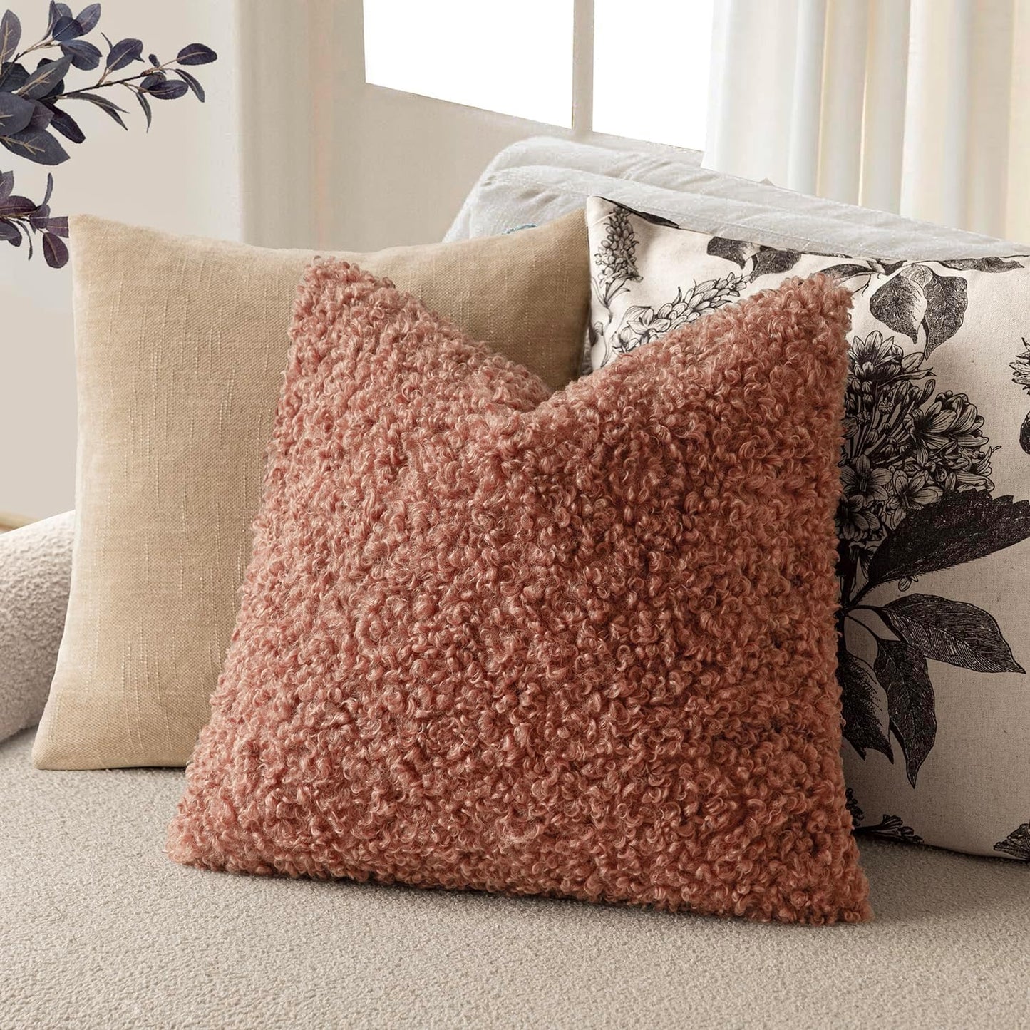 Foindtower 2 Pieces 16x16 Inch Dusty Pink, Faux Fur Throw Pillow Cover Accent Sherpa Furry Pillow Covers Fuzzy Soft Pillowcases Cozy Sheepskin Decorative Fleece Cushion Case for Bed Couch Living Room