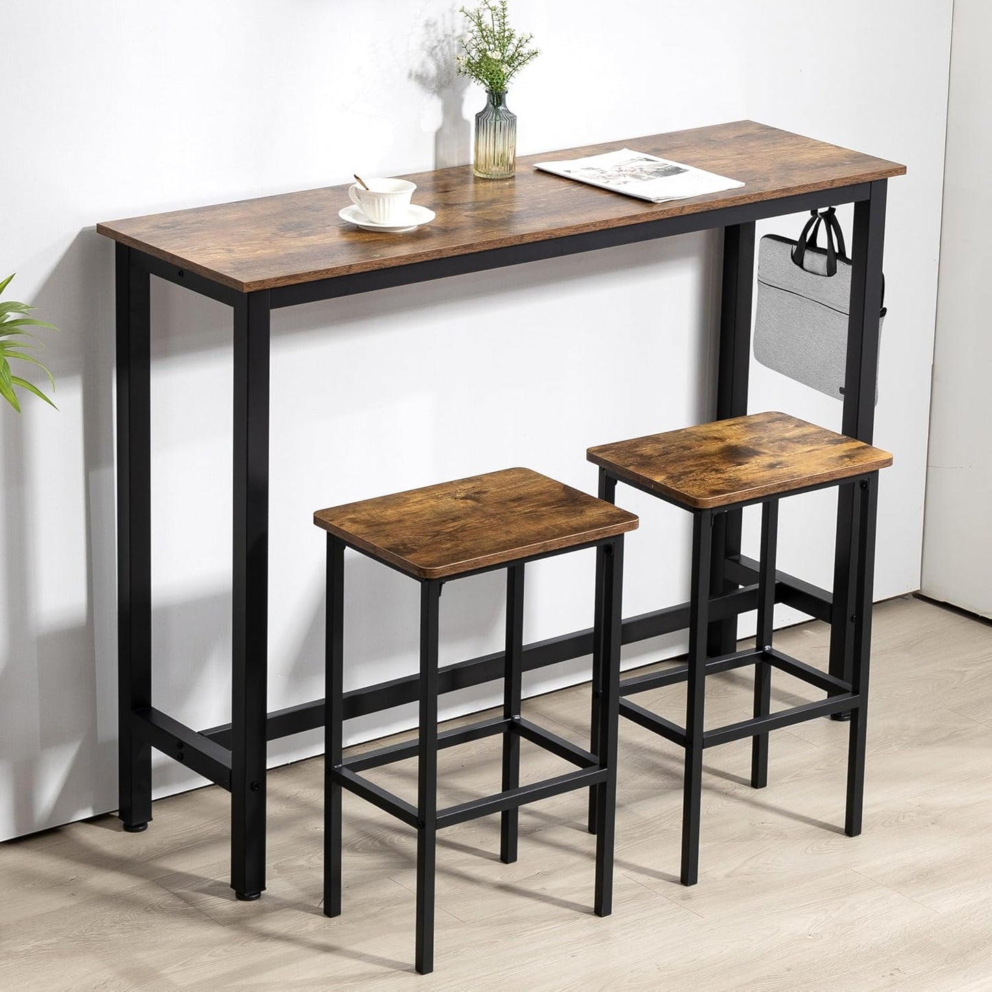 Finnhomy 52.7" Industrial Bar Table Set with 2 Stools - Counter Height Dining & Pub Table for Small Spaces, Kitchen, Apartment, Breakfast Nook - Metal & Wood, Space-Saving Furniture - Rustic Brown