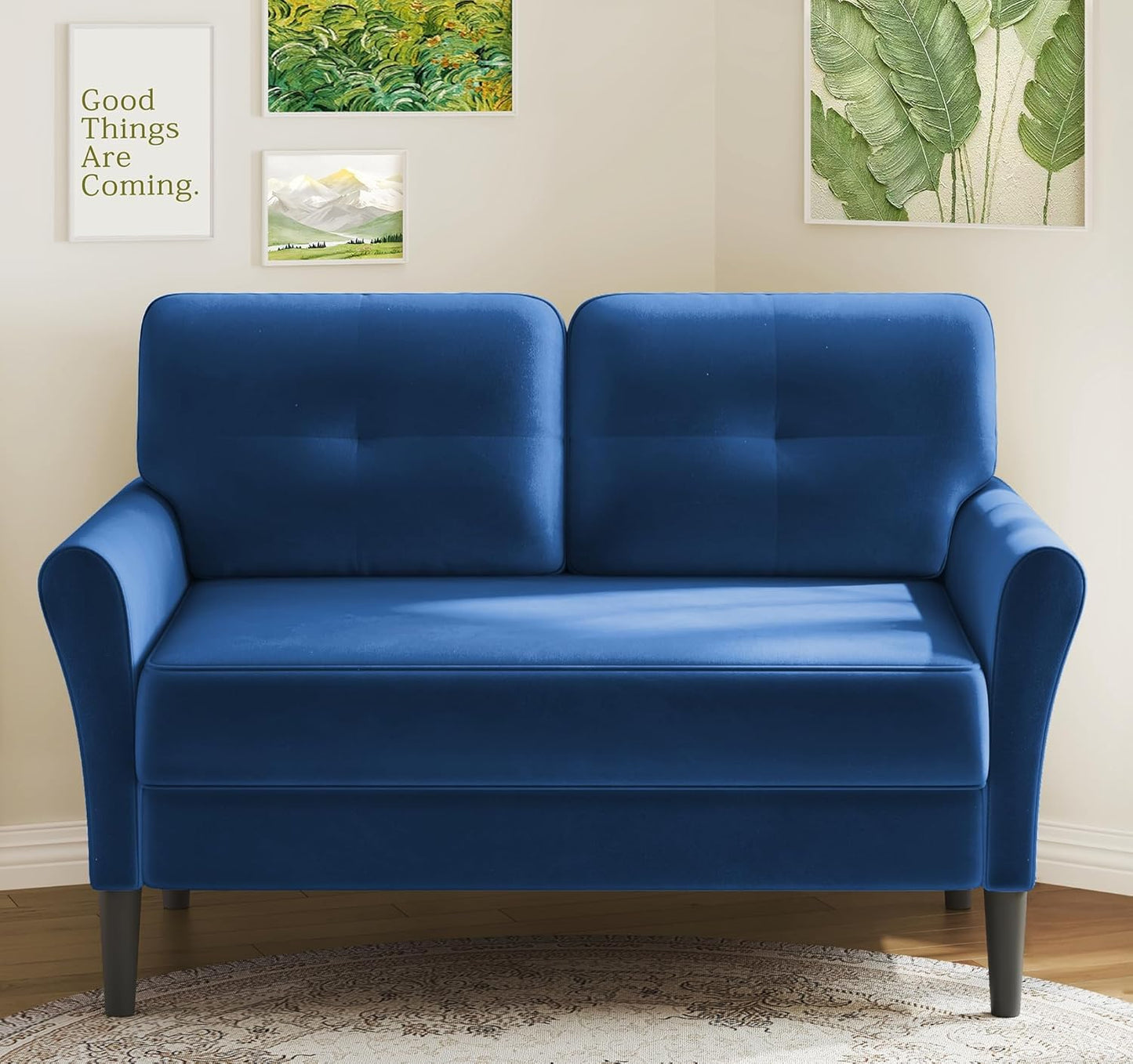 Small Sofa Couch, 48" Loveseat Sofa, Soft Velvet Love Seat Couches, Small Couch for Bedroom with 21" Deep Seat, Comfy Couches for Living Room, Tool-Free Setup Sofas for Living Room, Dark Blue