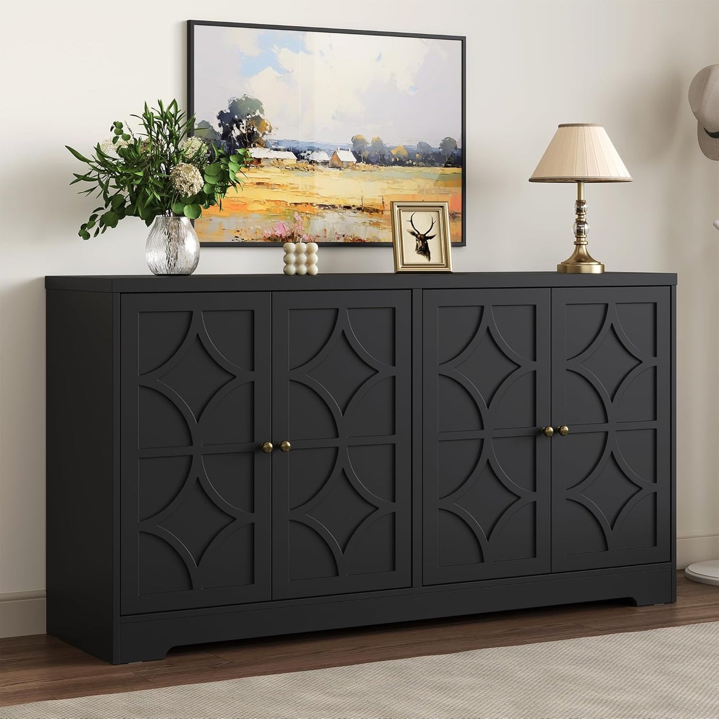 Sideboard Buffet with 4 Doors, Mid-Century Sideboard Cabinet with Adjustable Shelves, Accent Cabinet for Entryway, Living Room, Dining Room, Black