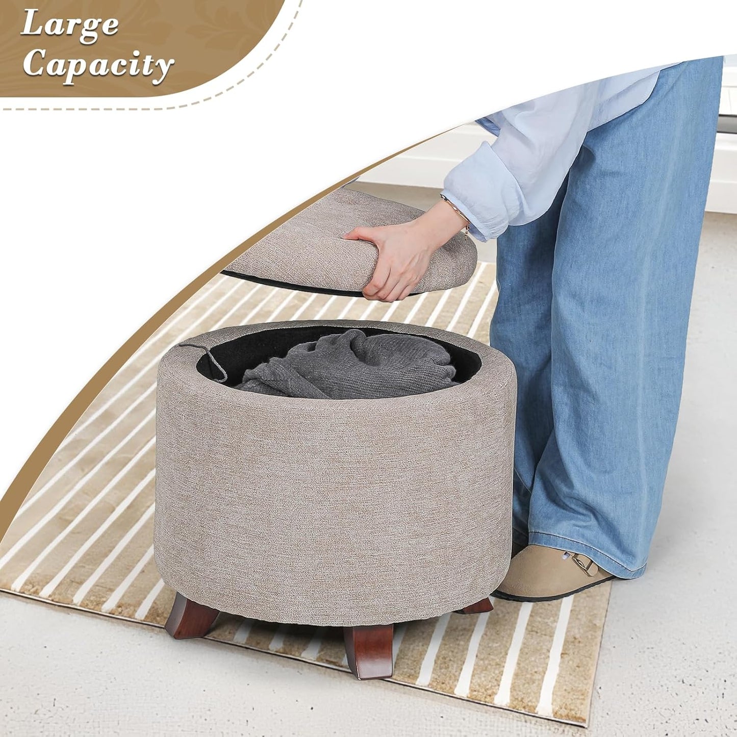 Athena Collection 20 Inch Small Ottoman with Storage, Round Linen Fabric Storage Ottoman with Removable Lid, Stylish Footstool Foot Rest for Living Room, Bedroom, Dorm, Khaki