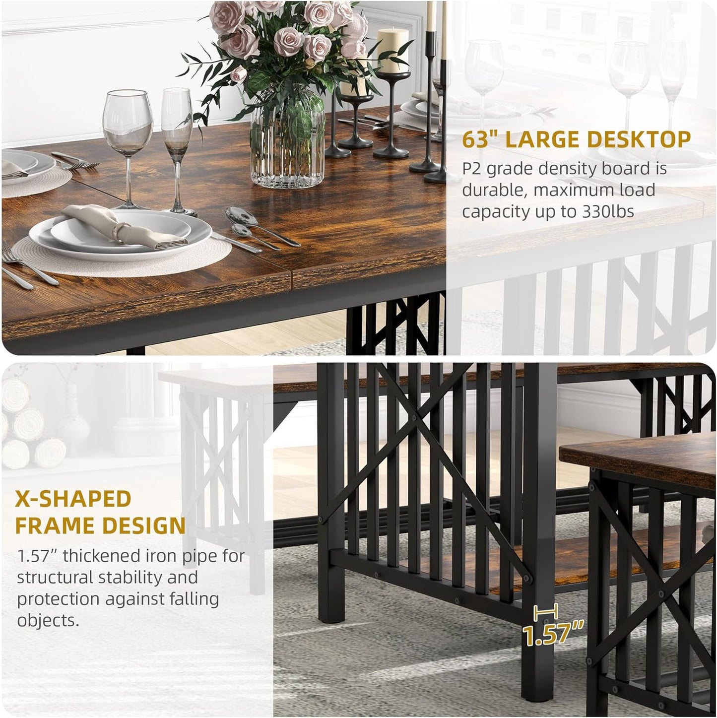 DWVO 3-Piece Dining Table Set for 4-6 People, 63" Dining Room Table with 2 Benches, Industrial Rectangular Dining Room Table Set with Storage for Kitchen, Dining Room, Rustic Brown