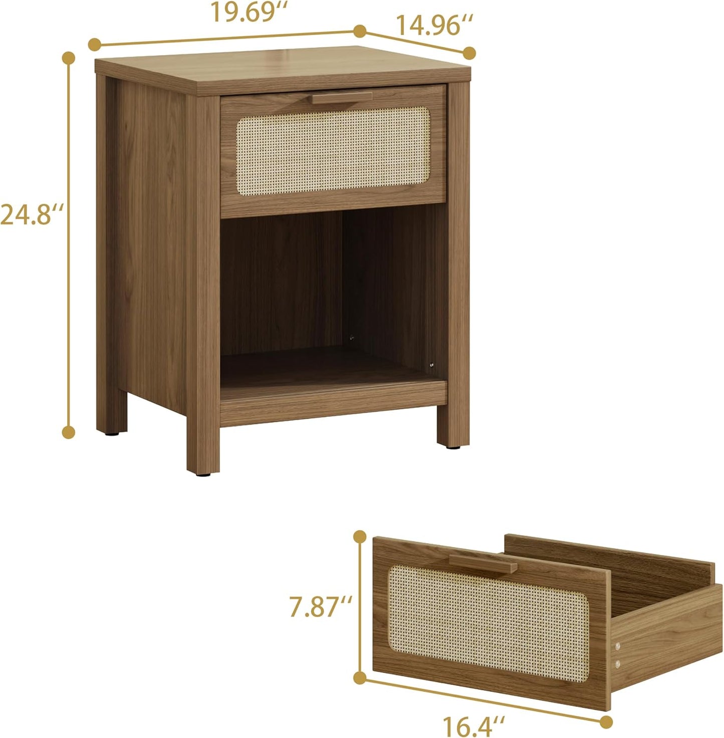 Rattan Nightstand, Mid Century Modern Bedside Table with Opening Storage,Large Side Table with Drawer,Boho Night Stand,Wooden End Table,Handmade Solid Wood Handle,Walnut CTG65BR