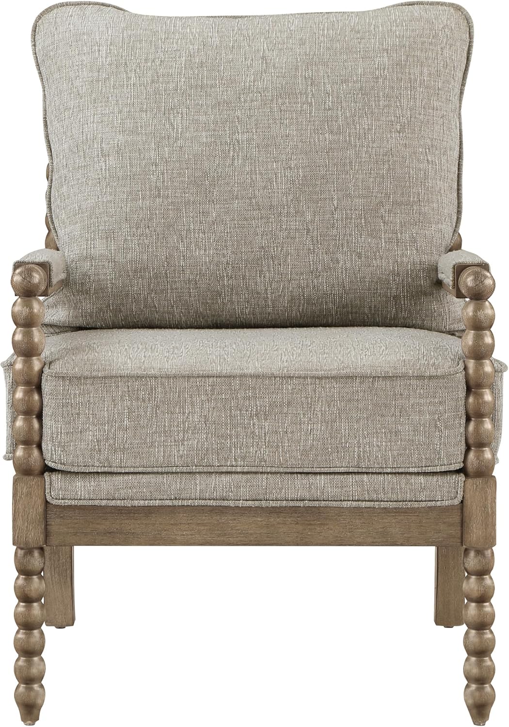 OSP Home Furnishings Fletcher Spindle Accent Chair with Rustic Brown Finish, Fog Beige Upholstery