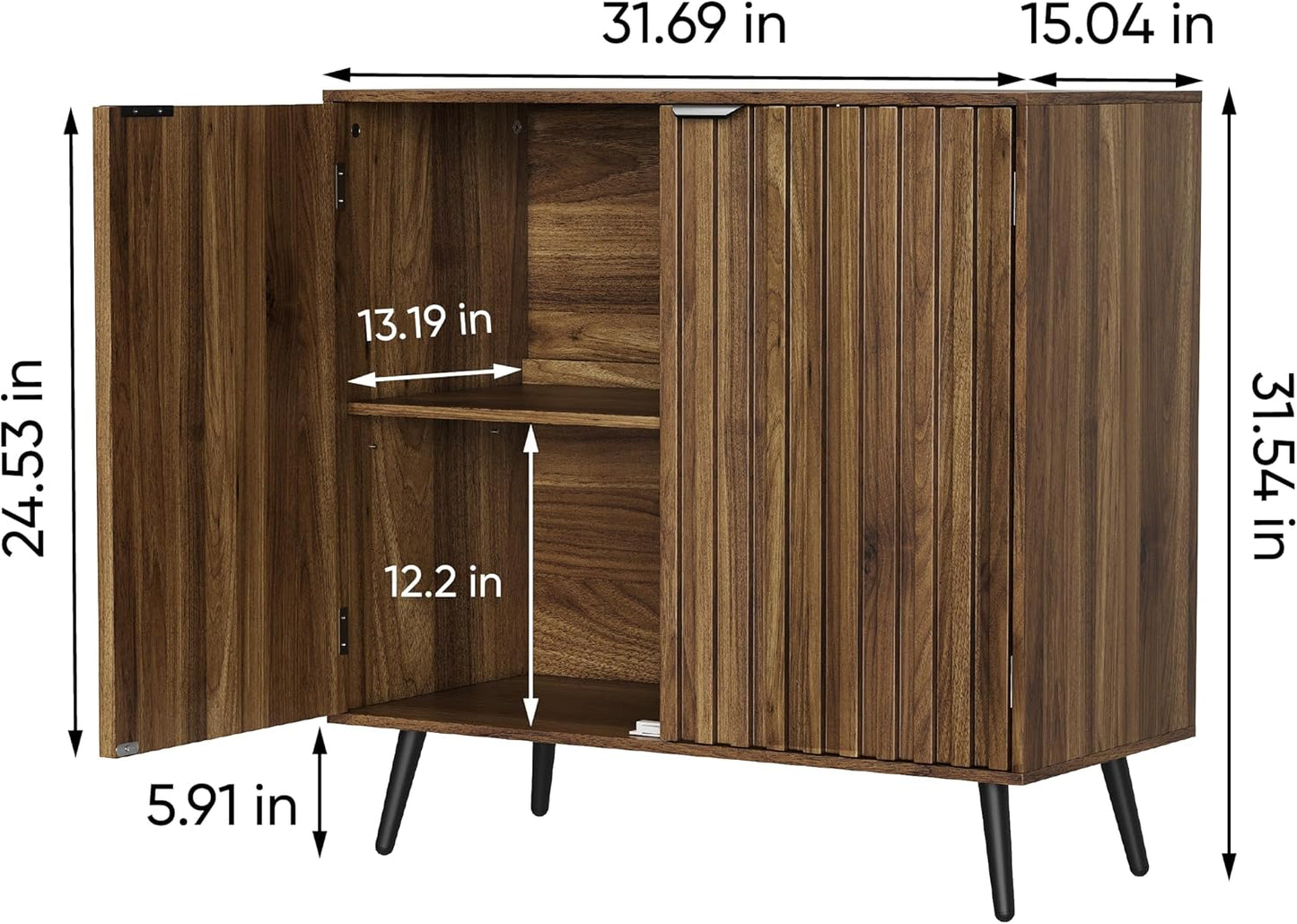 Semiocthome Walnut Buffet Cabinet with Storage, Sideboard Cabinet with Fluted Doors and Metal Legs, Storage Cabinet with Adjustable Shelf, Accent Table for Living Room, Dining Room, Kitchen, Entryway