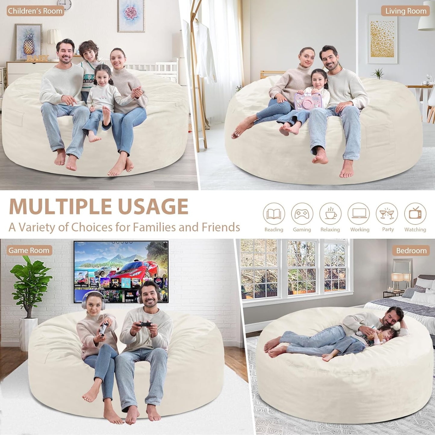6FT Bean Bag Chair, Large Bean Bag Chairs with Memory Foam Filled, Fluffy Beanbag Sofa with Dutch Velvet Cover, Round BeanBag Chairs for Living Room, Playroom- Beige
