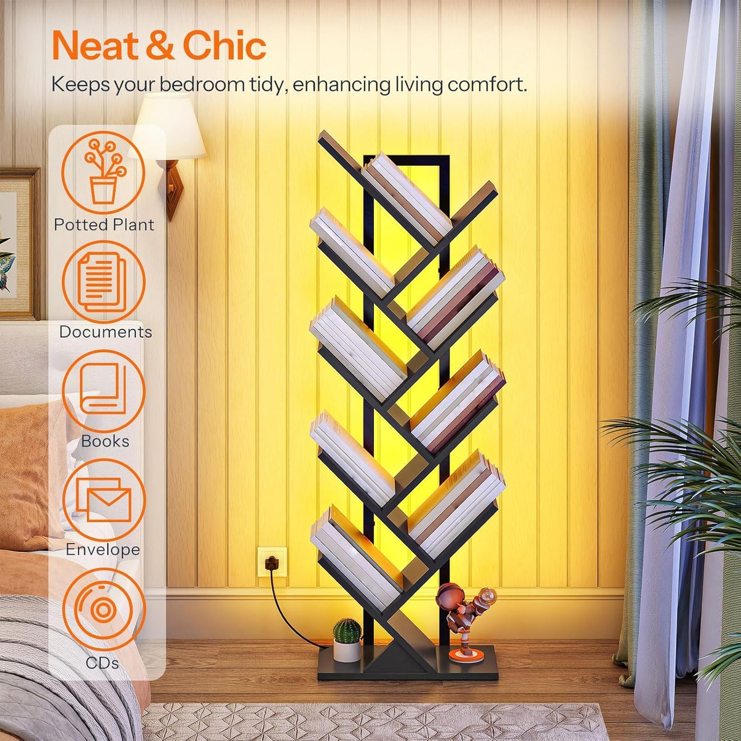 HOOBRO Tree Bookshelf, 9-Tier Tree Bookshelf with Lights, Space-Saving Book Shelf, Holds Books, CDs, Floor Standing Bookcase for Office, Living Room, Bedroom, Black BB08DSJ01