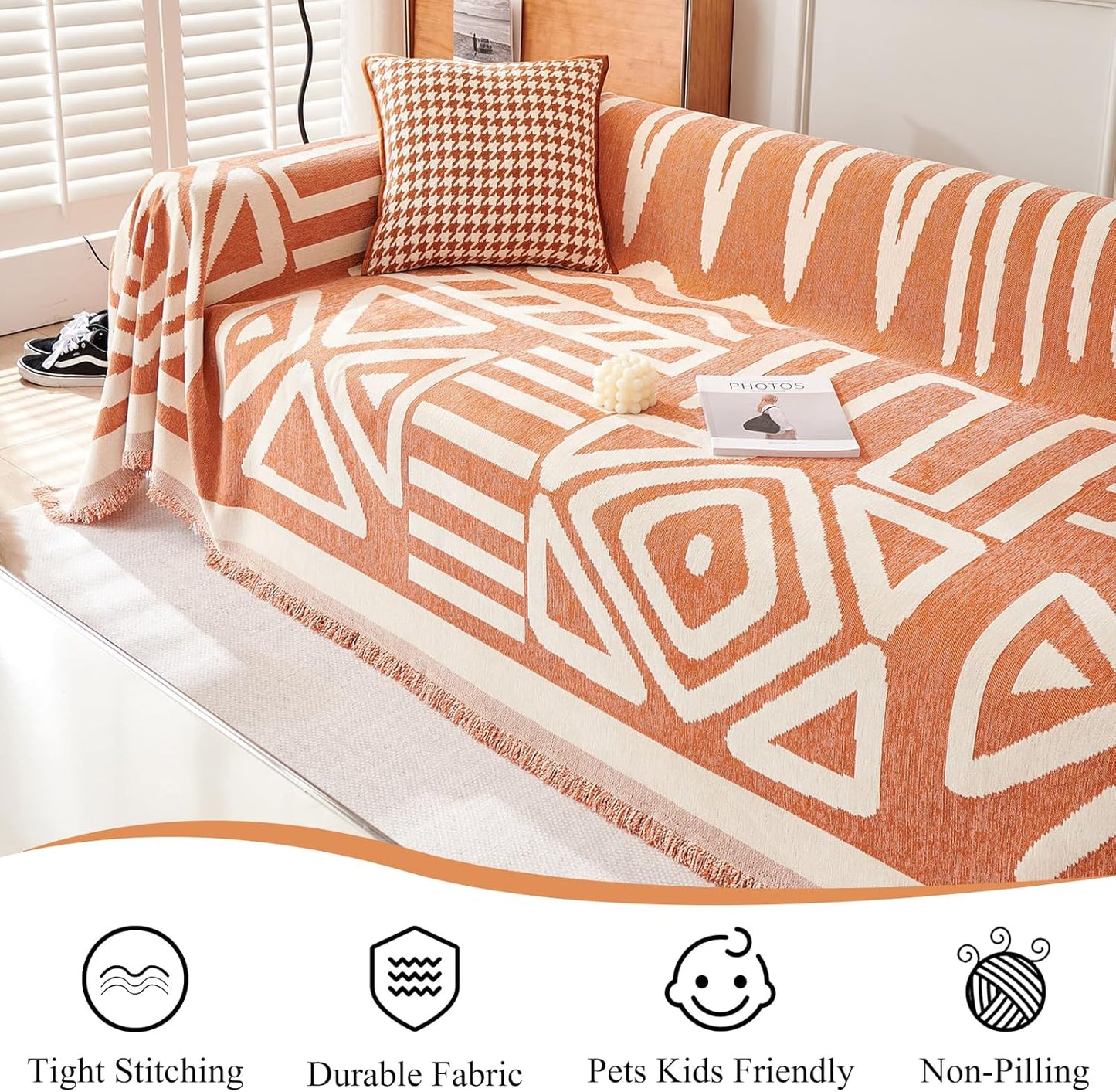 STACYPIK Thick Warm Orange Sofa Cover Armchair Slipcovers Boho Geometric Couch Cover for Sectional Sofa Caramel Loveseat Cover Anti-Slip Chenille Couch Protector for 2 Cushion Couch Home Decor-71X90IN