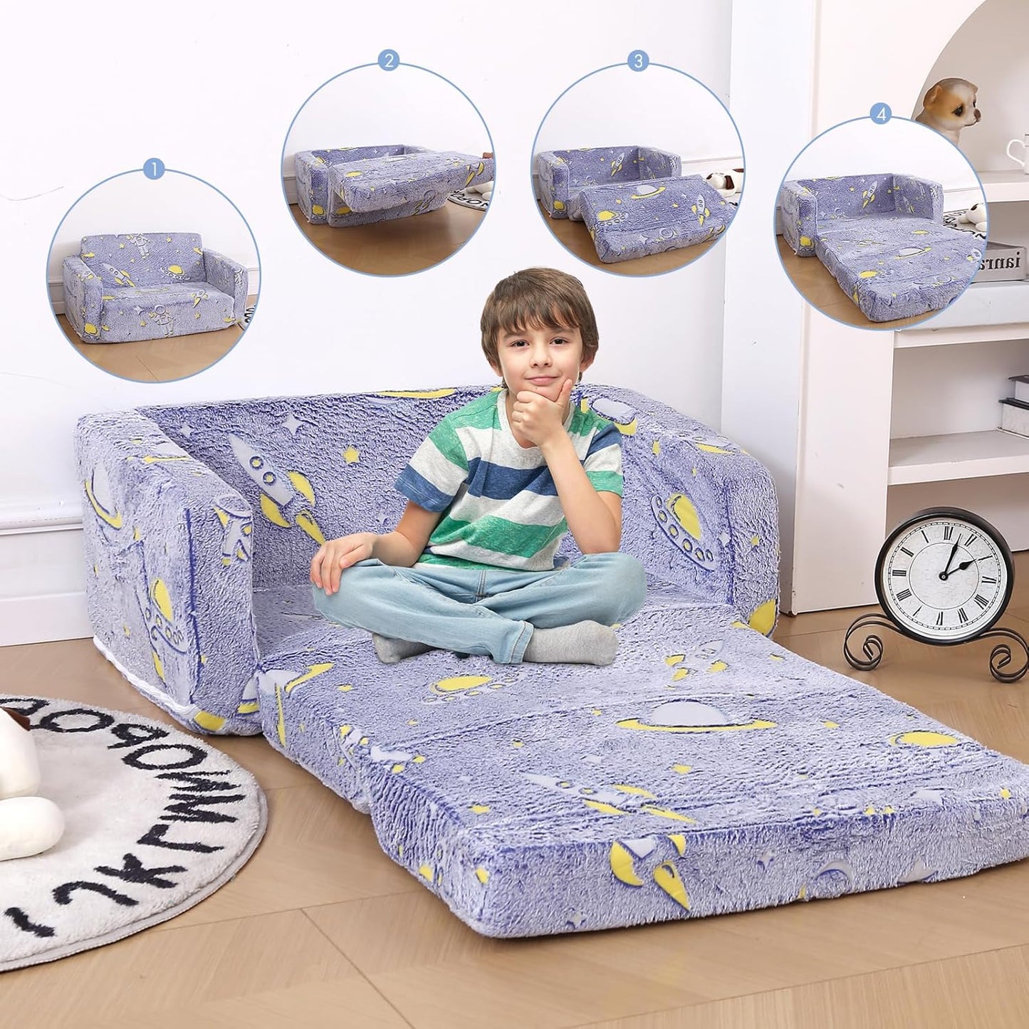 Foldable Kids Sofa,Soft Kids Fold Out Couch Glow in The Dark,Convertible Sofa to Lounger Toddler Sofa Chair(Space
