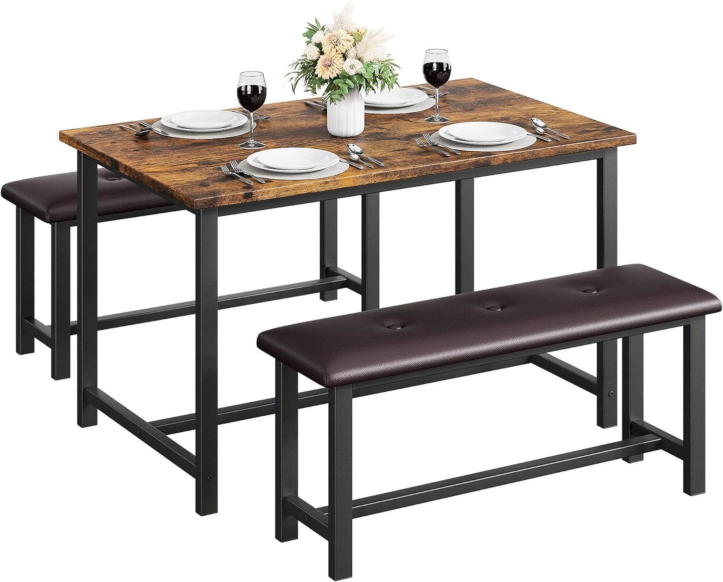 Dining Table Set for 4, Kitchen Table with 2 Upholstered Benches, 3-Piece Dining Room Set for Kitchen, Apartment and Small Spaces, Brown