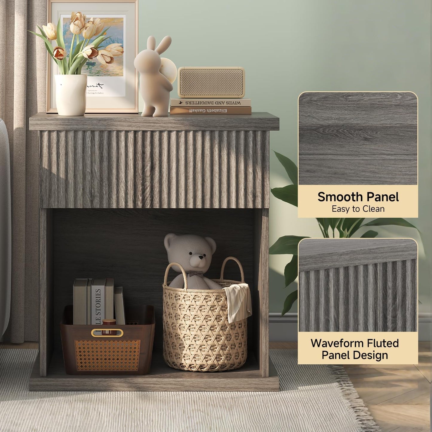 Fluted Nightstand, 22.8" Wide Nightstands with Drawer Storage Large Wood BedsideTable Night Stand for Bedroom, Grey Oak