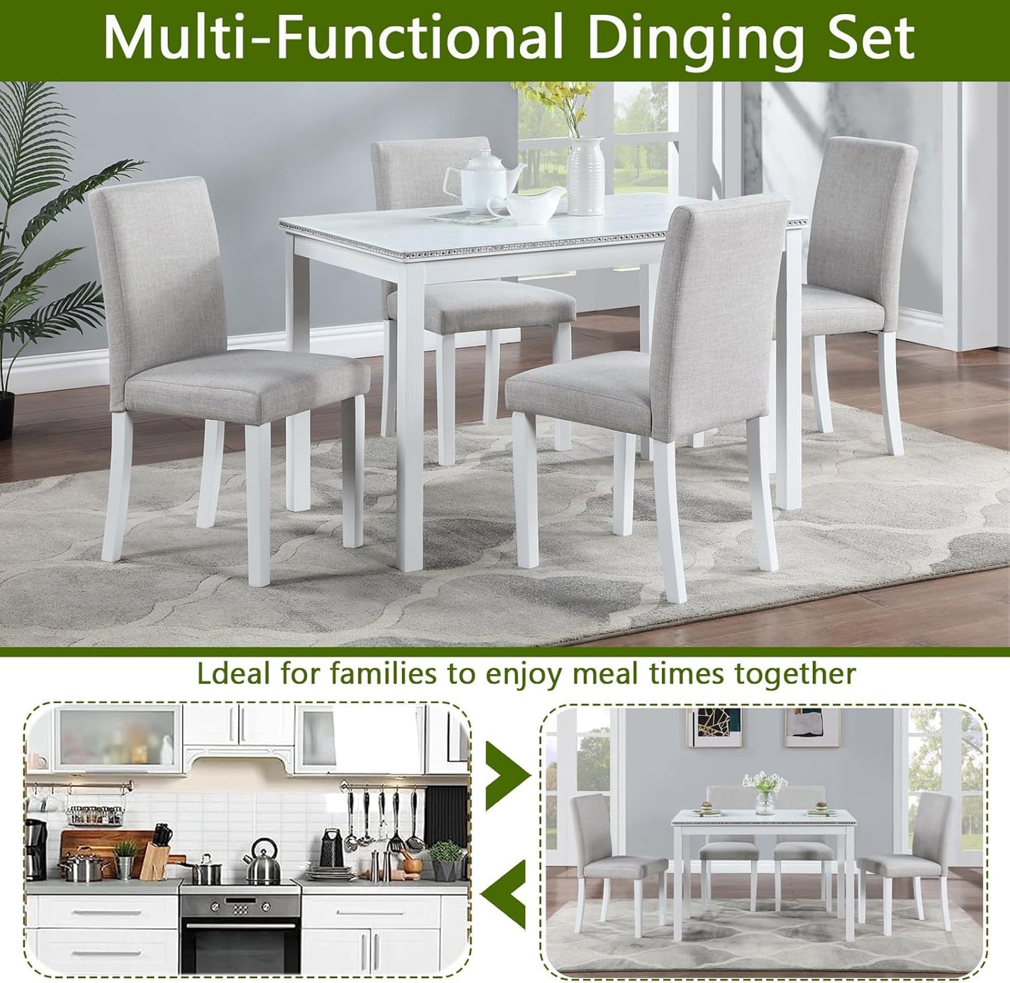 Ball & Cast 5 Piece Dining Table Set,Kitchen Table Set for 4 W/ 45.5" Rectangular Wooden Dining Table,Living Room Furniture W/ 4 Upholstered Chairs,for Dining Room,Kitchen,White