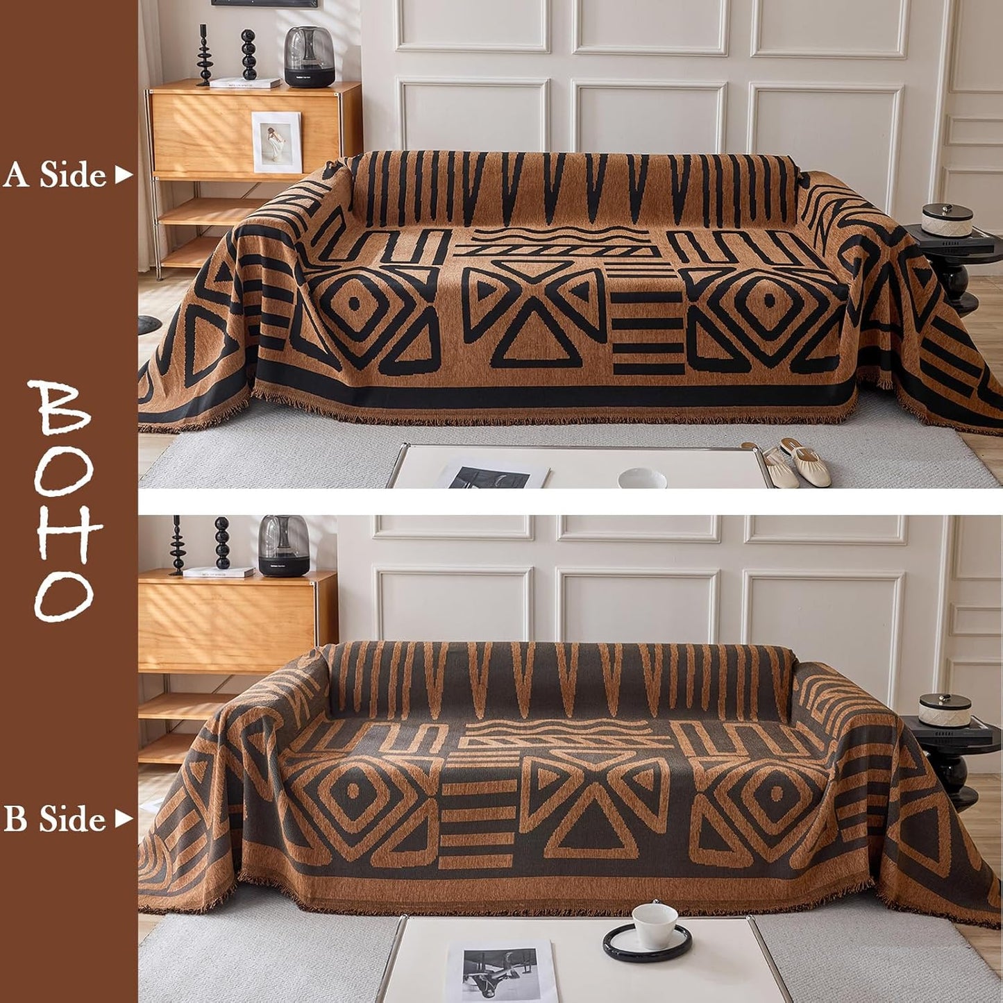HANDONTIME Boho Geometric Couch Covers for Sofa Pet Friendly Brown and Black Sofa Covers Washable Chenille Couch Blanket Cover for 3 4 Cushion Couches Pet Protector Furniture Cover Soft, 71" X 150"