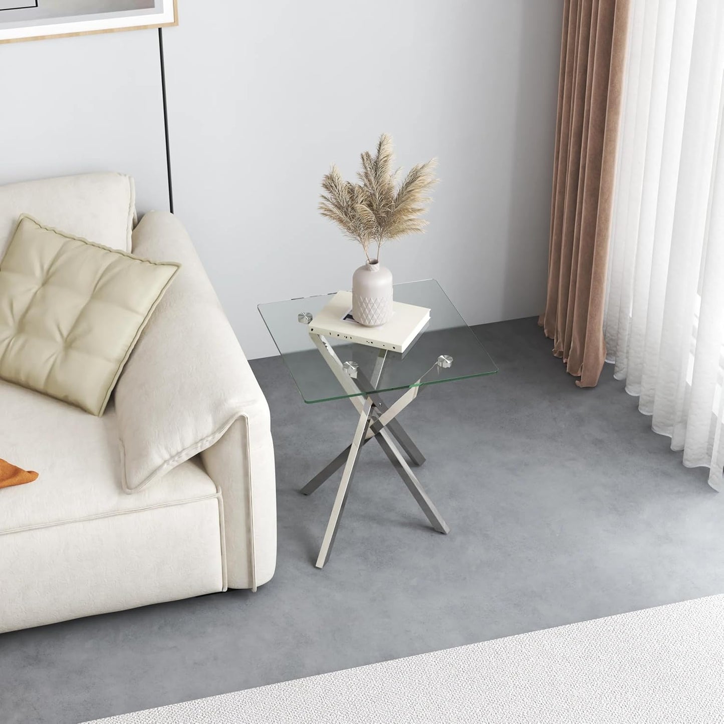 Side Table Set of 2, Modern End Table Set with Tempered Glass Top and Metal Legs for Home Office (Silver)