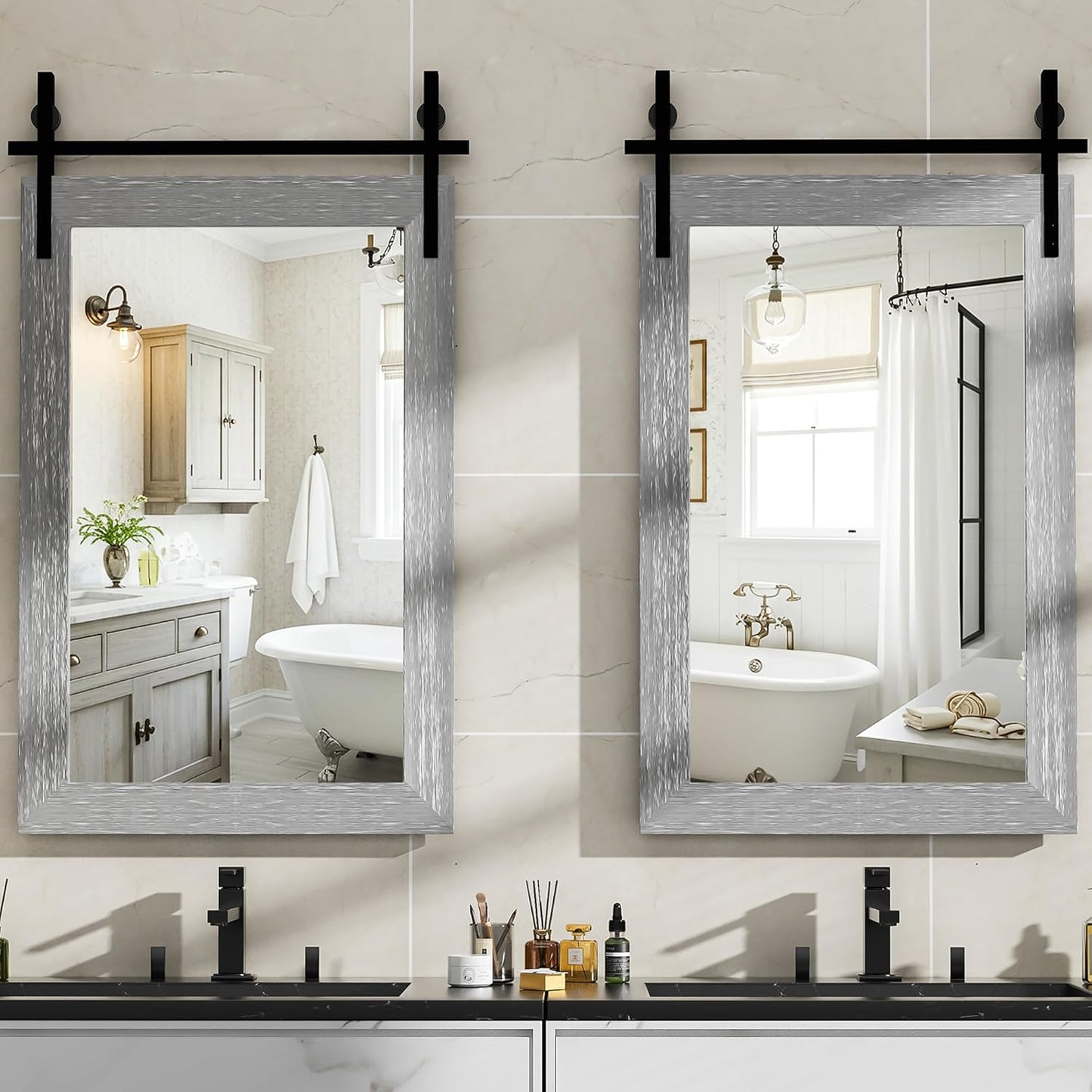 Hasipu Farmhouse Bathroom Mirror, 24"x36" Rustic Wood Framed Wall Mounted Mirror, Gray Vintage Vanity Mirror Barn Door Style Decrative Mirrors