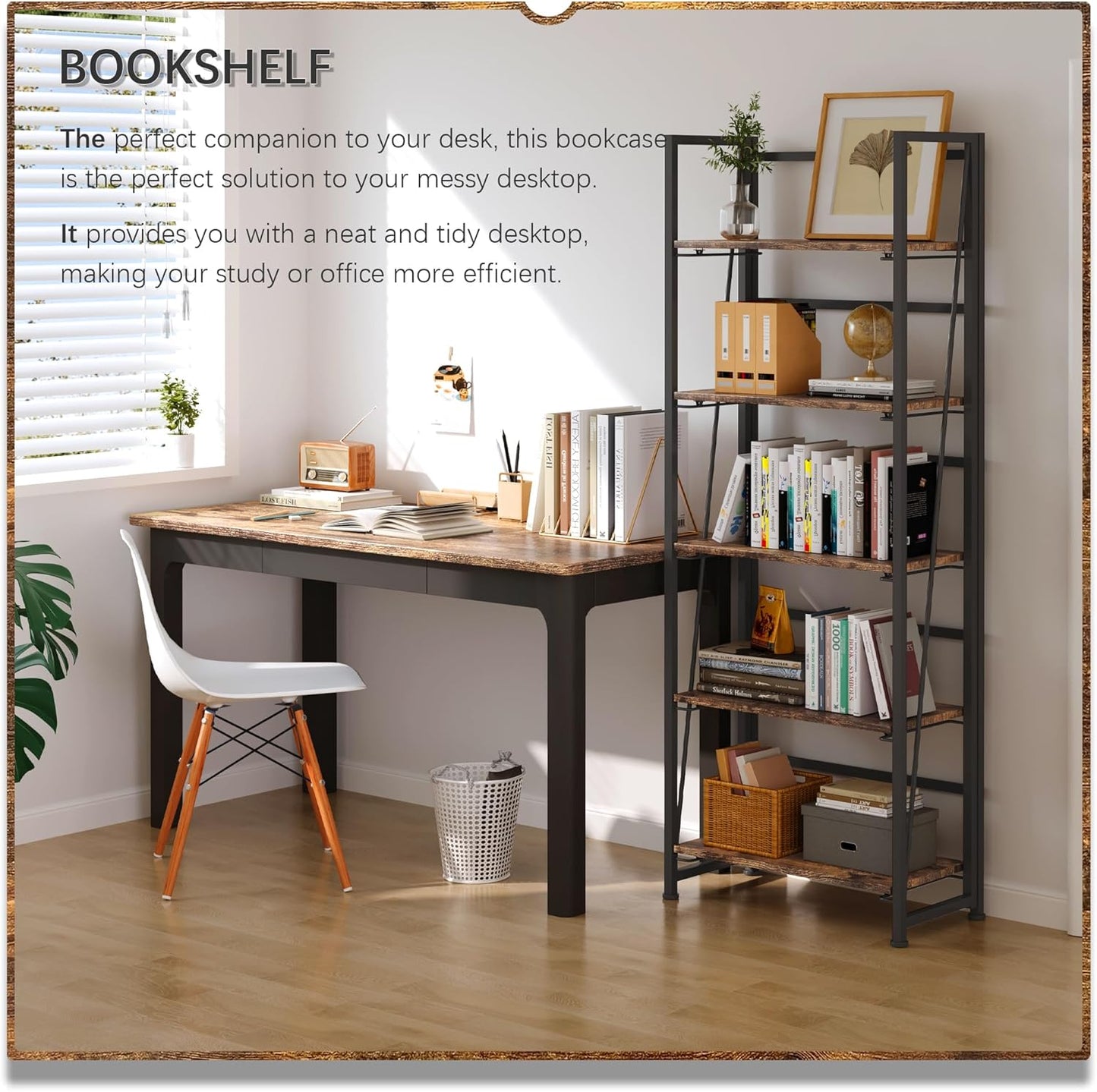 4NM No Assembly Folding Bookshelf, 5-Shelf 62.2" H Collapsible Foldable Bookcase Storage for Small Spaces, Rustic Brown and Black