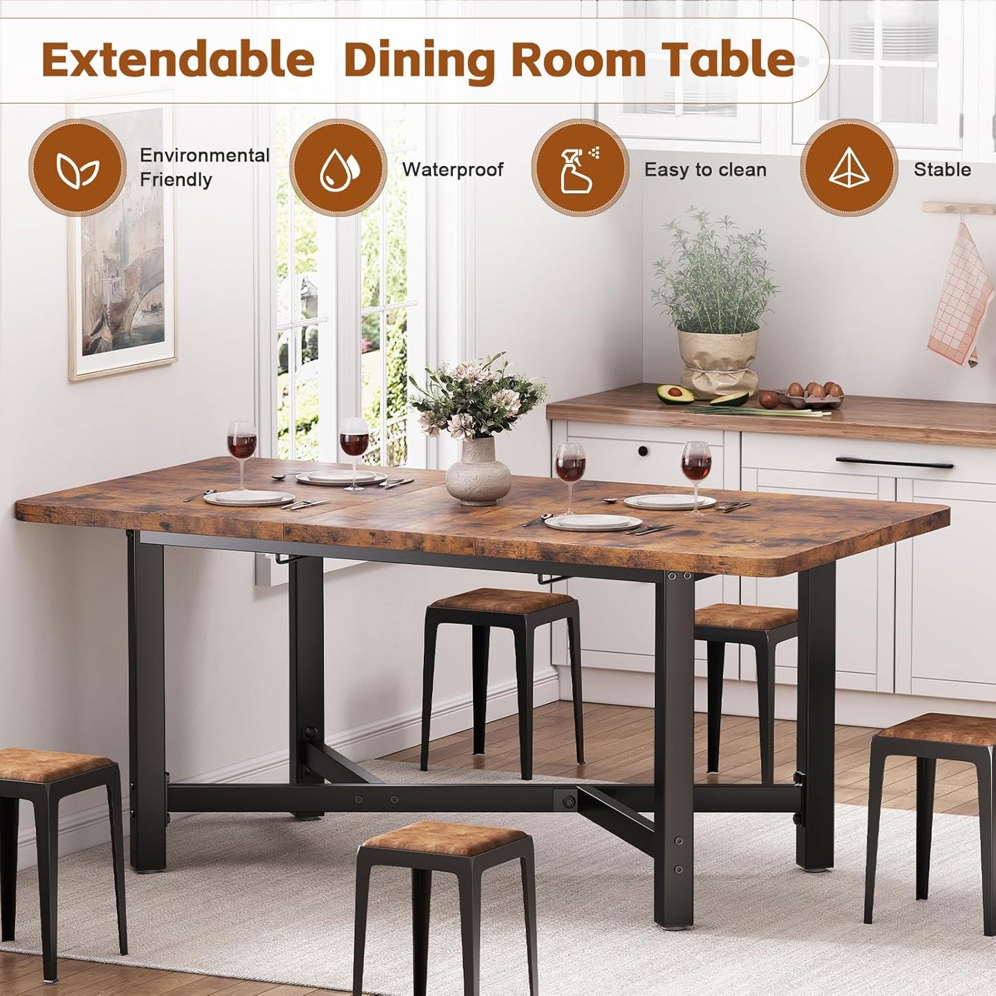Dining Table for 4-6,62“Extendable Round Kitchen Dining Room Table, Space Saving Rectangle Large Expandable Wood Dinner Furniture for Small Space, Brwon（47-62In*28In*30In