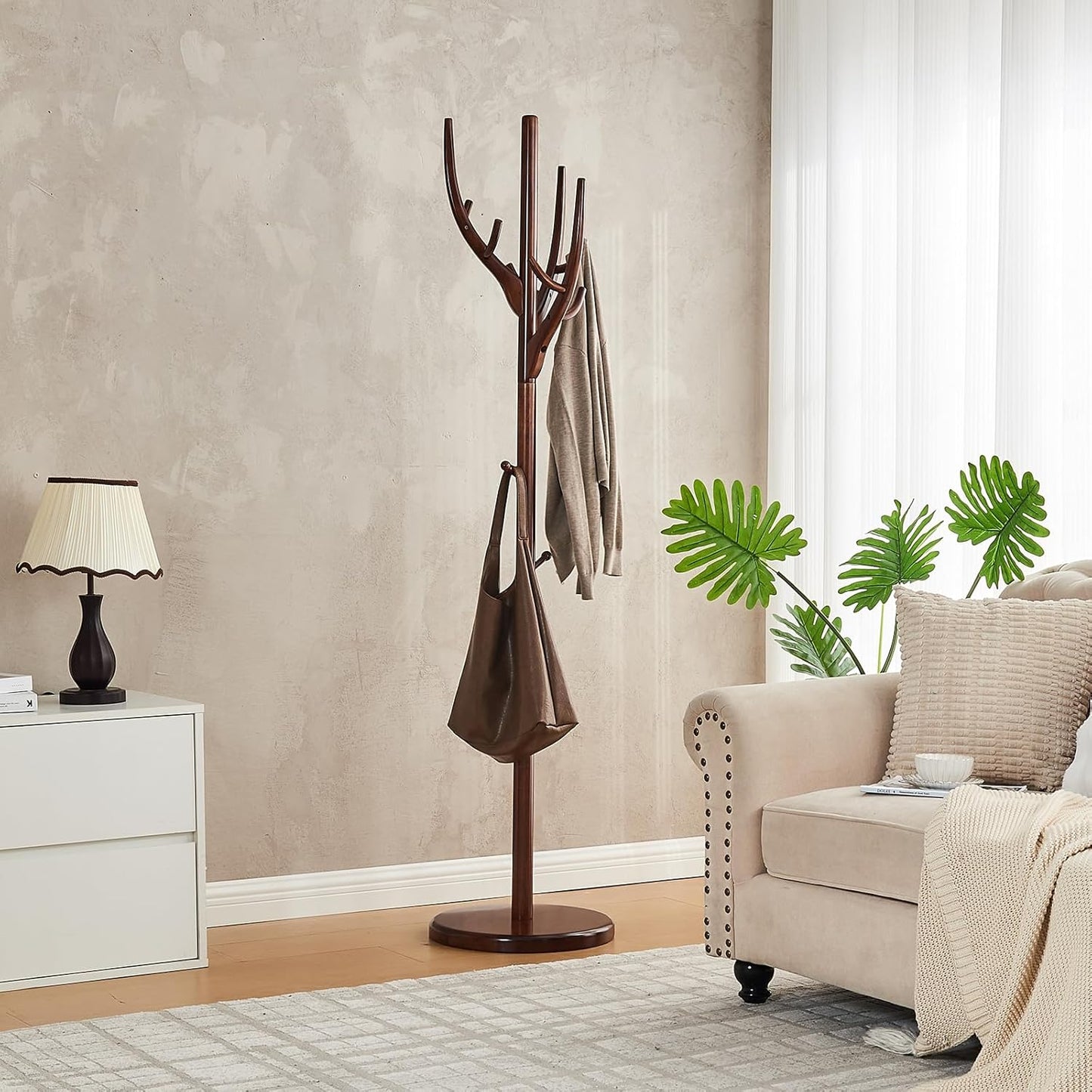 CozyDH Coat Rack Freestanding Solid Wood Coat Rack Stand, Coat Tree Freestanding with 12 Hooks Creative Tree Branch-look for Entryway, Hallway, Bedroom (Walnut)