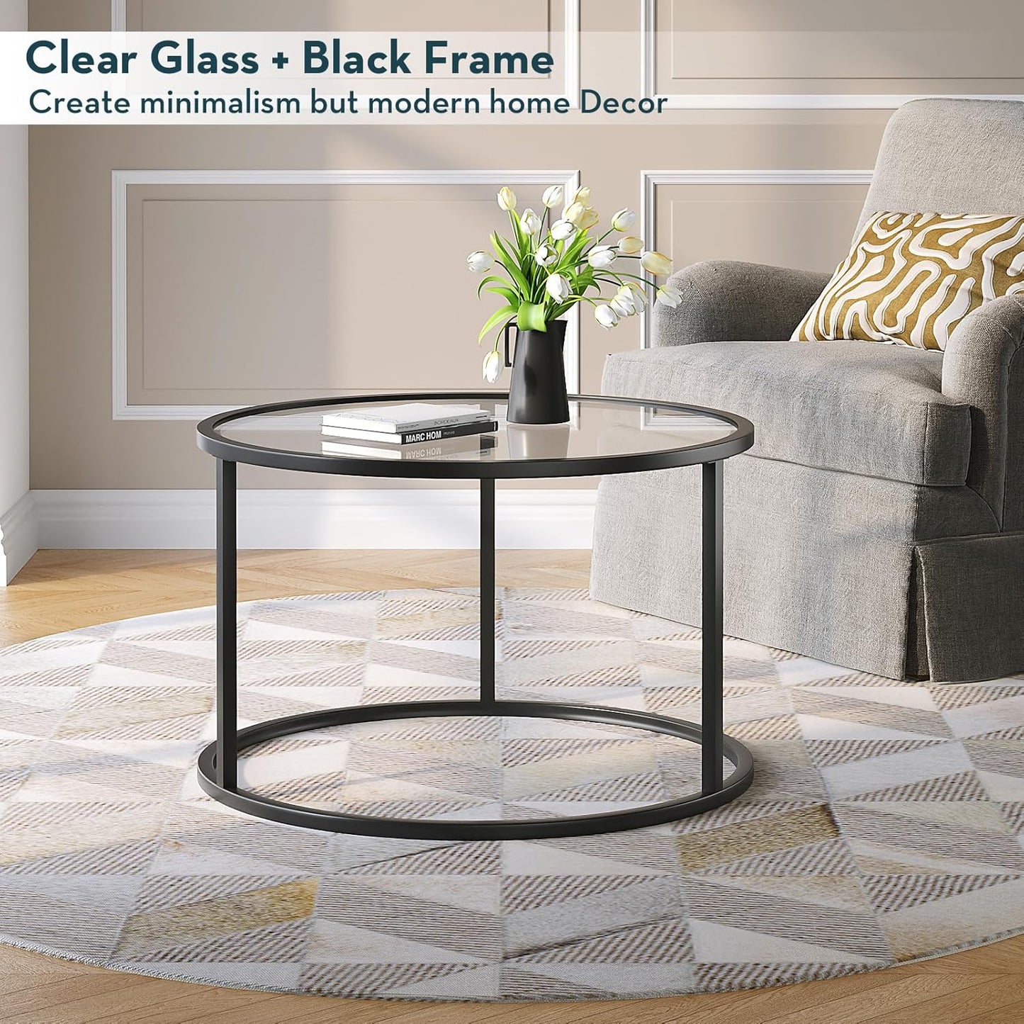 SAYGOER Round Coffee Table Glass Small Coffee Tables for Living Room, 27.6 inch Modern Center Table for Office Apartment, 5 MM Tempered Clear Glass Top, Black Metal Frame