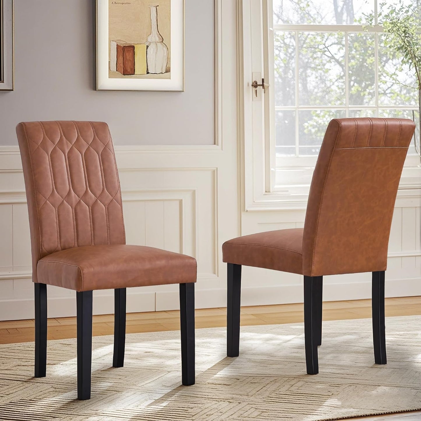 VECELO Upholstered Dining Chairs Set of 2, Modern PU Leather Accent Parsons, Solid Wood Legs w/Rubber Footpads, for Living Room Kitchen, Brown