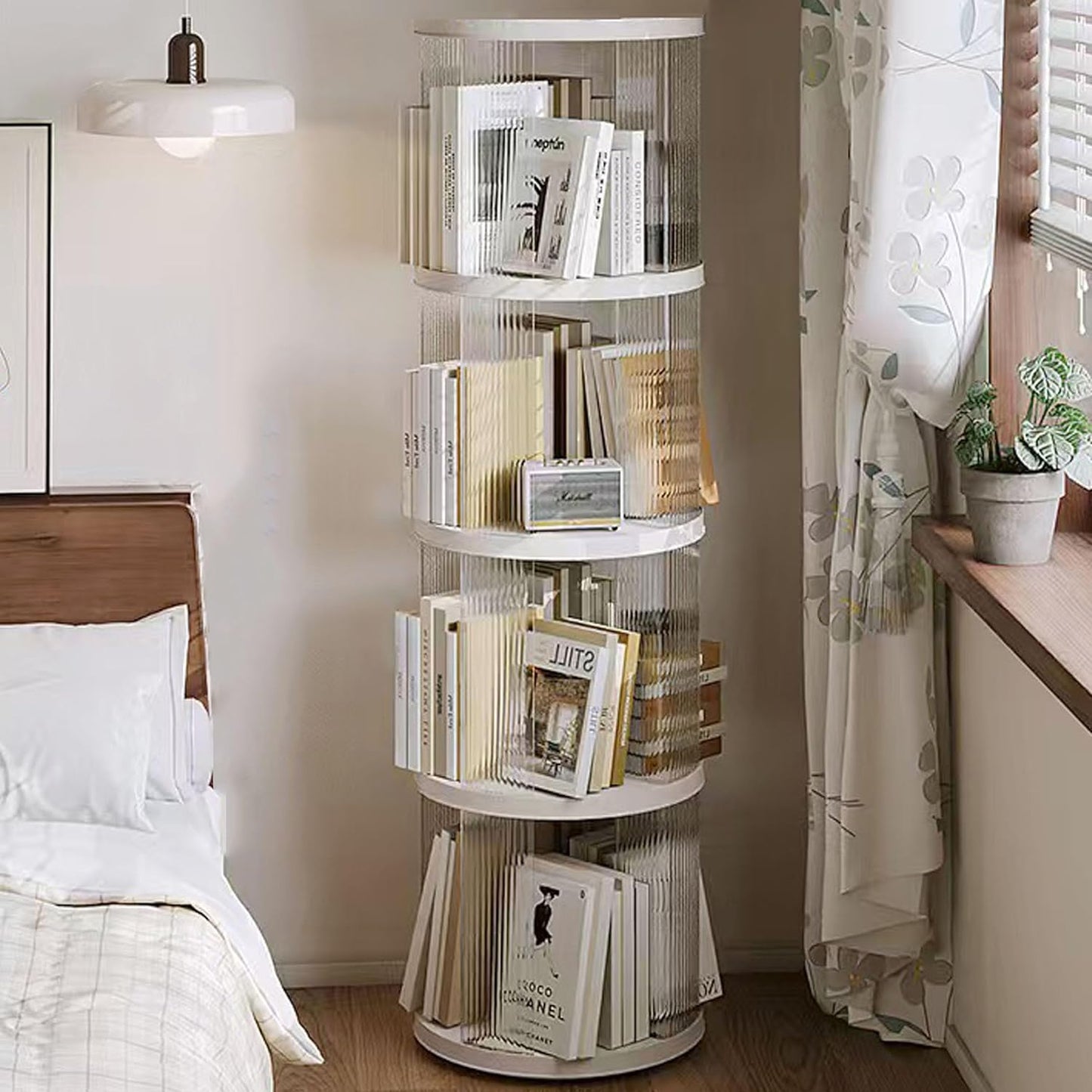 4 Tier Rotating Bookshelf Tower,360 Display Rotating Bookshelf,53.4 inch High Small Space Revolving Bookcase, Home Office Spinning Bookshelf Tower(Round, White)