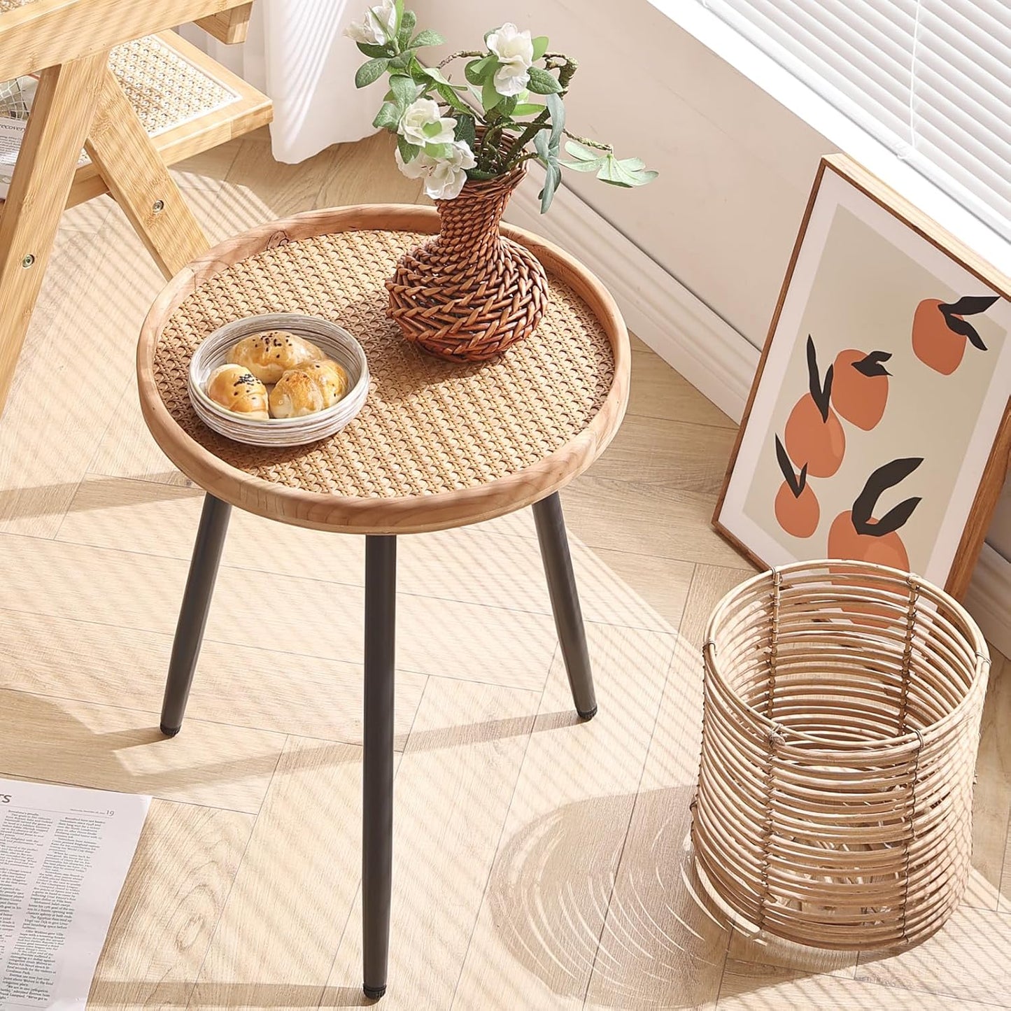 LITA Rattan Log Desktop Round Side End Table, Nightstand/Small Tables, Indoor Outdoor Wooden Tray Table with Metal Stand End Table for Living Room Bedroom Office Small Spaces