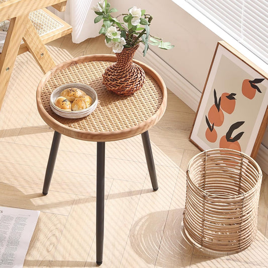 LITA Rattan Log Desktop Round Side End Table, Nightstand/Small Tables, Indoor Outdoor Wooden Tray Table with Metal Stand End Table for Living Room Bedroom Office Small Spaces