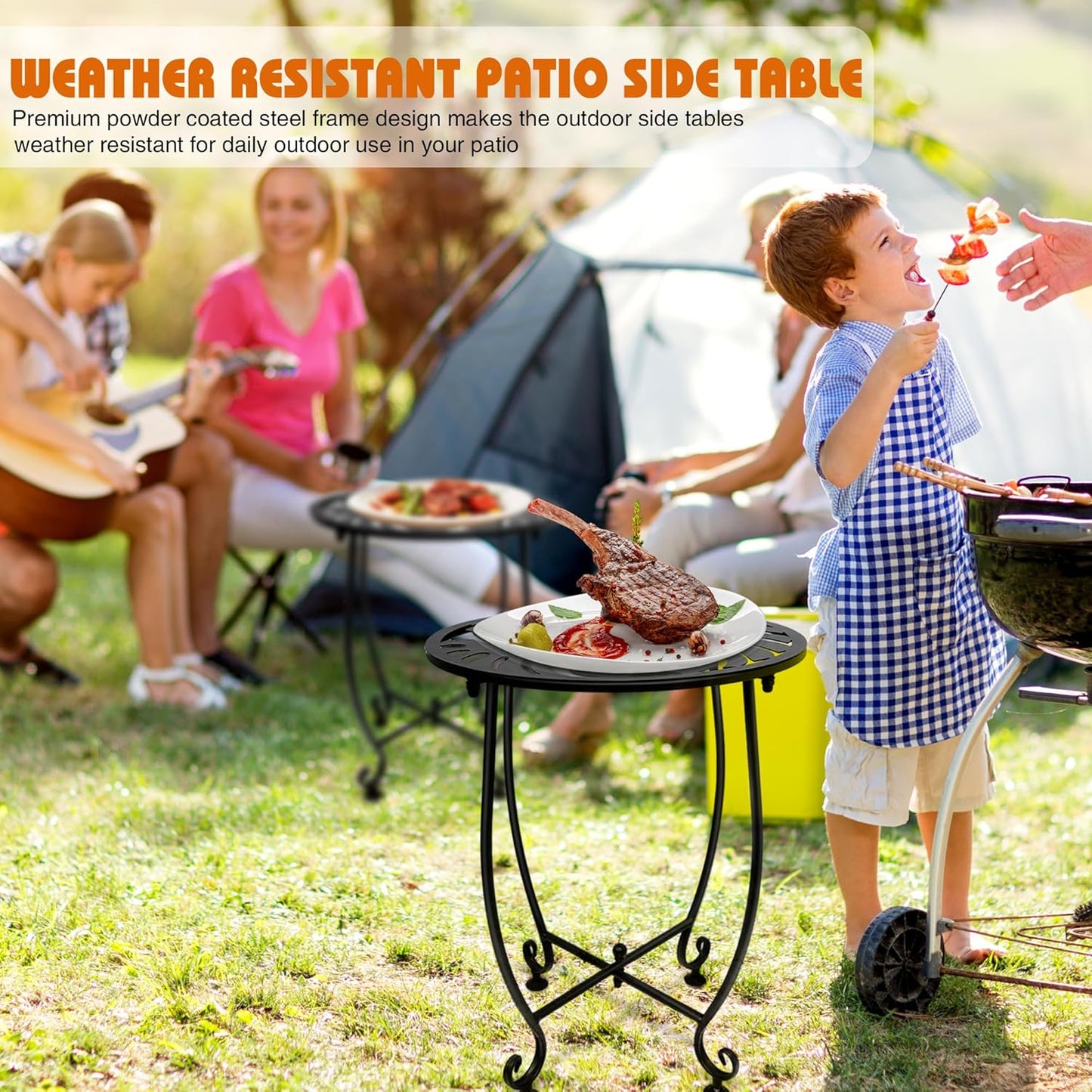 Outdoor Side Table for Small Spaces, 2 Pack 14 Inch Round Metal End Table for Patio Balcony Yard Porch, Anti-Rust Waterproof Accent Table for Indoor Outdoor Use, Easy Assembly