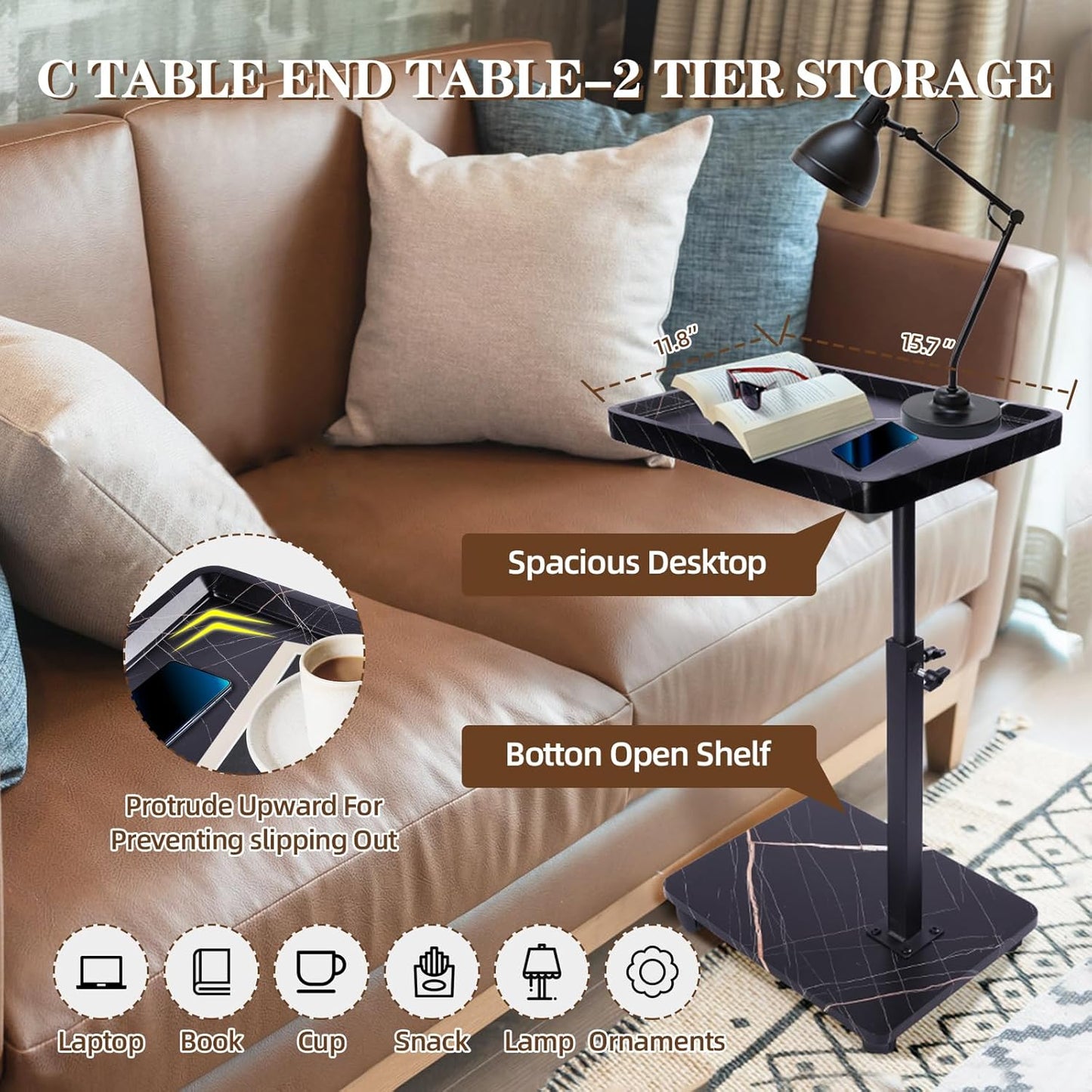 C Table Side Table End Table Adjustable Height，C Shaped End for Couch，Snack Tables,360°Swivel TV Tray Sofa Table， For Small Spaces，Side Tables living room and bedroom for Sofa, Bed,Chair(black)