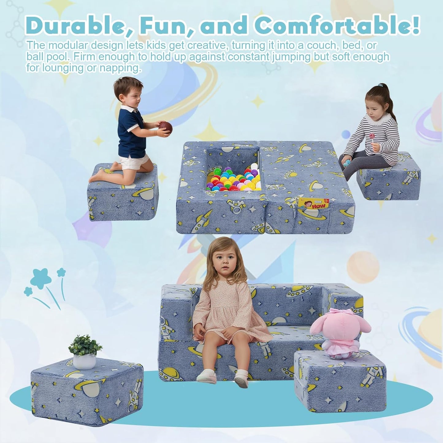 MeMoreCool Modular Kids Couch, Glow Play Toddler Couch for Bedroom Playroom, Convertible Foam Kids Sofa Bed, Fold Out Baby Sofa for Girl Boy, Denim Rocket