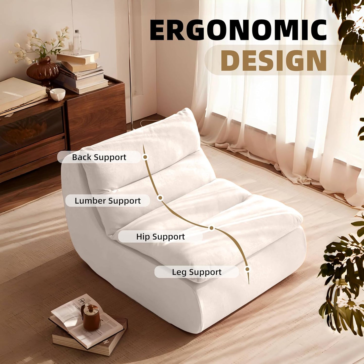 Bean Bag Chair - Memory Foam Bean Bag Chair for Adults, Comfy High-Resilience Single Sofa, Small Space Floor Chair, Chaise Lounge for Living Room, Bedroom (Beige, Cushions)