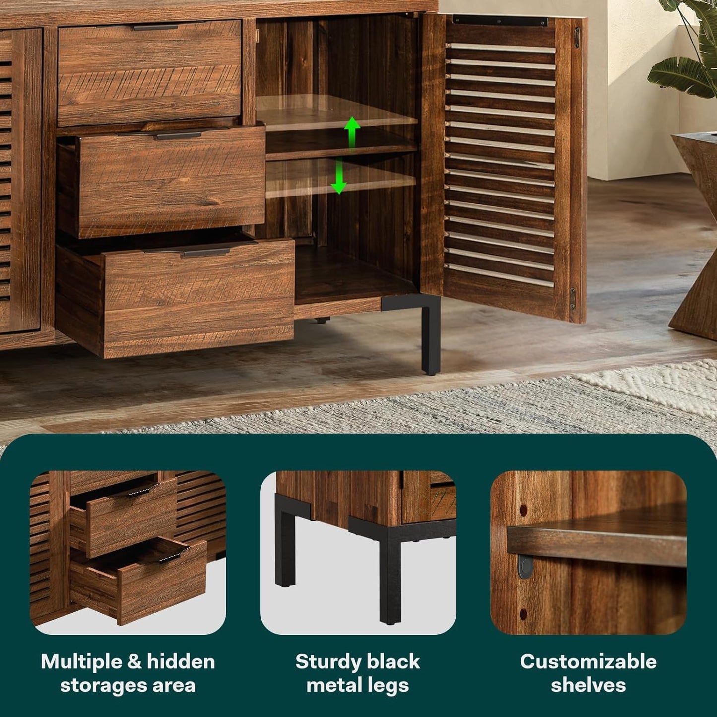 Bme Millie Premium Solid Wood Sideboard Storage Cabinet with Storage, Pre-Assembled with 3 Drawers & 2 Doors, Adjustable Shelves