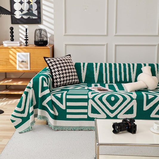 HANDONTIME Couch Cover Boho Sofa Covers Washable Forest Green Dog Covers for Couches Reversible Couch Blanket Cover Geometric L Shaped Couch Covers for 2 3 Couch Cushion Cover Dark Green, 71" X134"