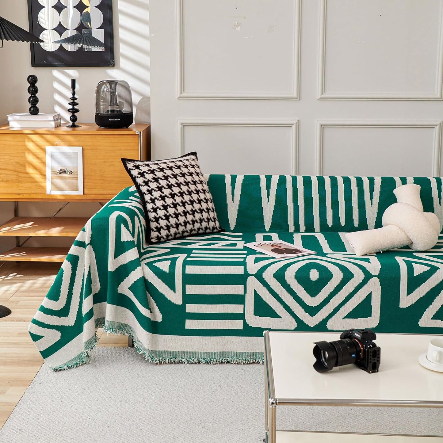 HANDONTIME Dark Green Couch Cover Boho Sofa Covers Washable Forest Green Dog Covers for Couches Reversible Couch Blanket Cover Geometric L Shaped Couch Covers for 2 3 Couch Cushion Cover, 91" X150"