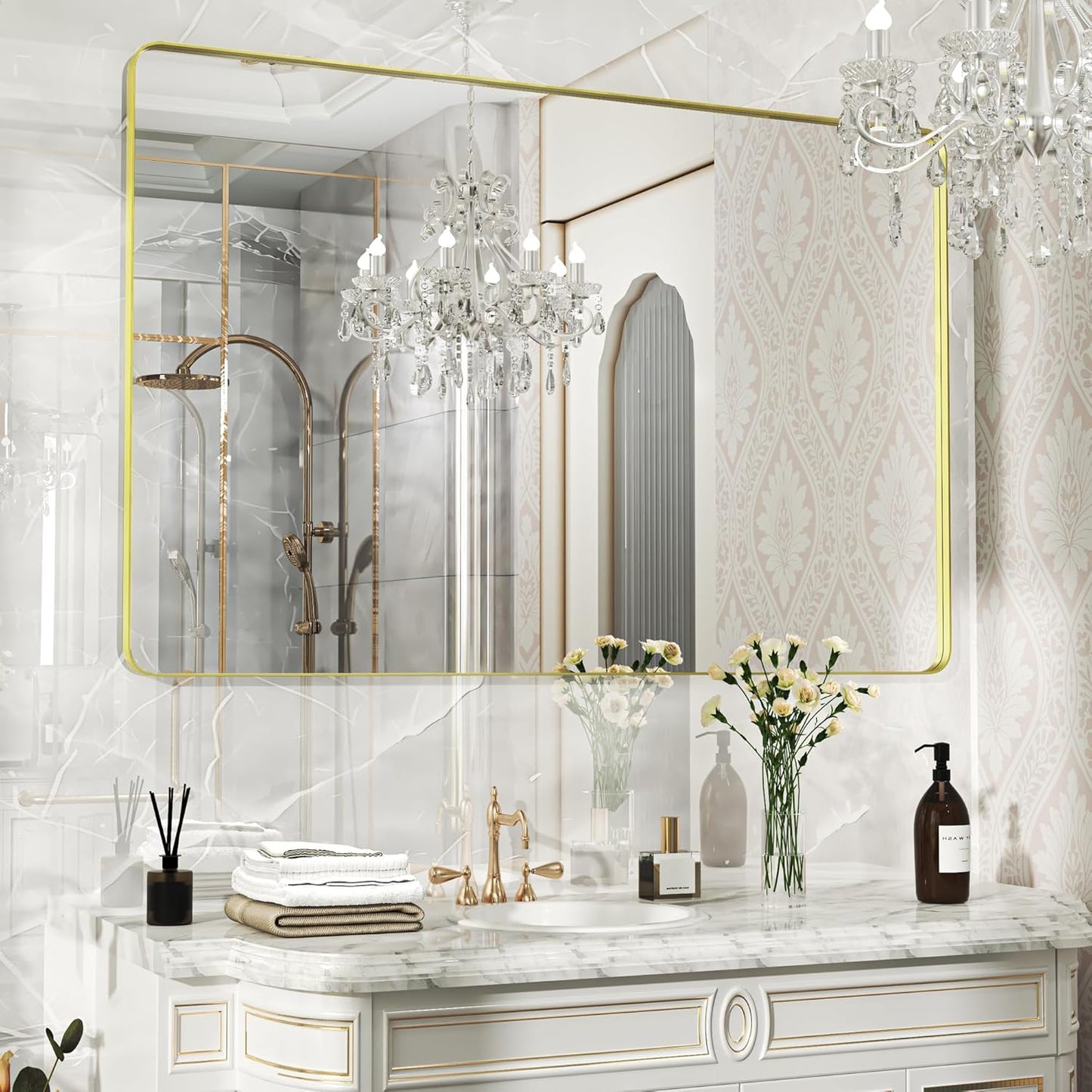 55×36 Gold Bathroom Mirror, Rectangular Bathroom Vanity Mirror for Wall with Rounded Corners & Aluminum Alloy Frame, Tempered-Glass, Modern, Farmhouse, Horizontal/Vertical, Entryway, Bedroom