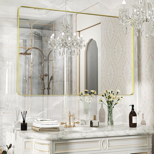 55×36 Gold Bathroom Mirror, Rectangular Bathroom Vanity Mirror for Wall with Rounded Corners & Aluminum Alloy Frame, Tempered-Glass, Modern, Farmhouse, Horizontal/Vertical, Entryway, Bedroom