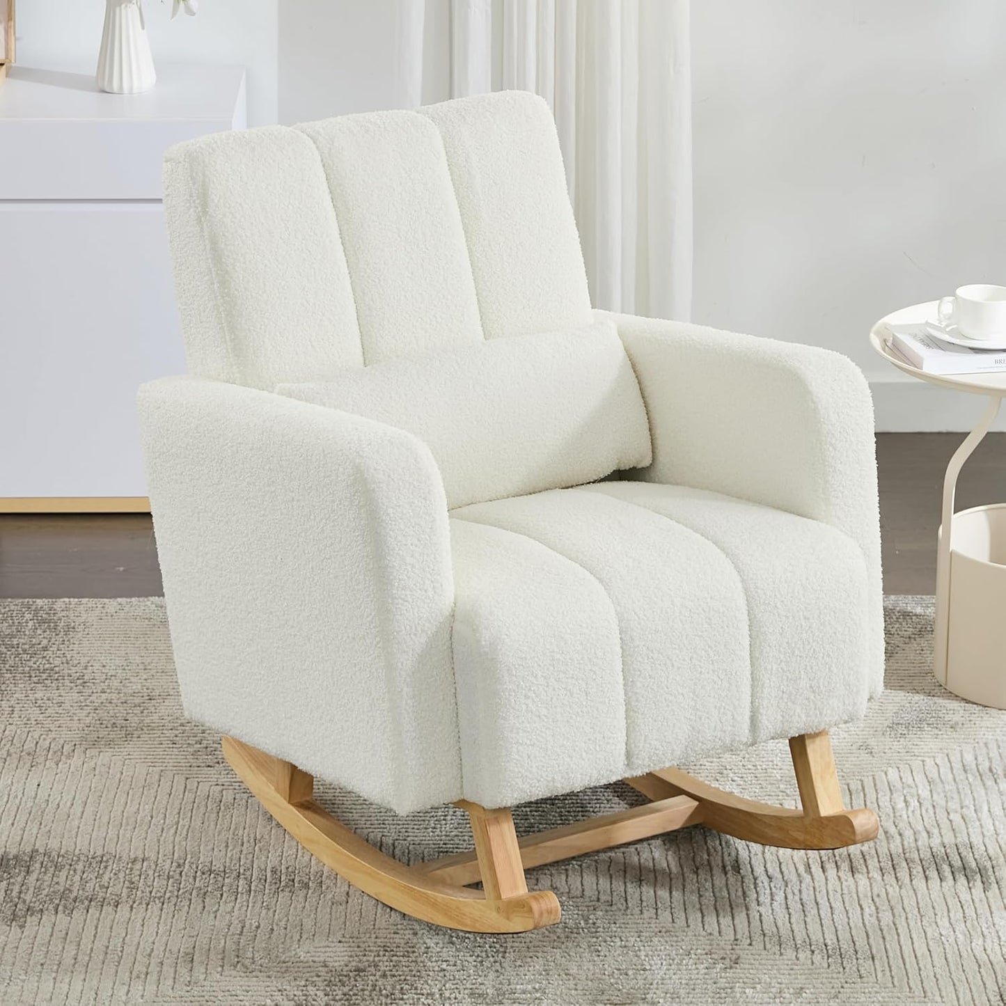 Christopher Knight Home Mapo Wooden Rocking Chair Indoor, Teddy Upholstered Spacious Rocker Chair with Pillow, Comfy Rocking Chair with Armrest for Bedroom, Living Room, Offices, Cream White
