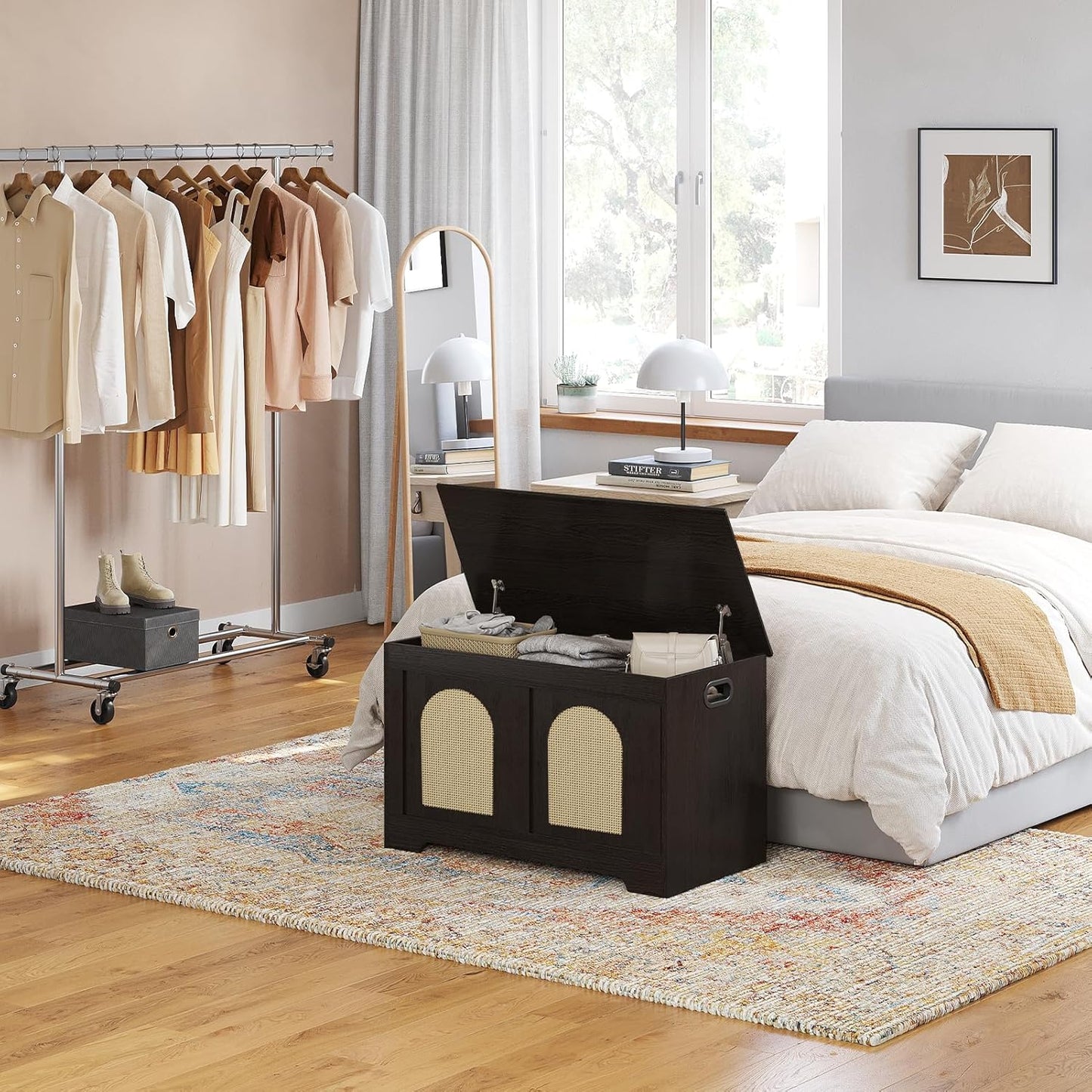 DINZI LVJ Storage Chest, 31.5" Rattan-Like Toy Box with 2 Safety Hinges, Wooden Entryway Storage Bench with Flip-Top, Storage Trunk for Living Room, Bedroom, Easy Assembly, Espresso and Natural