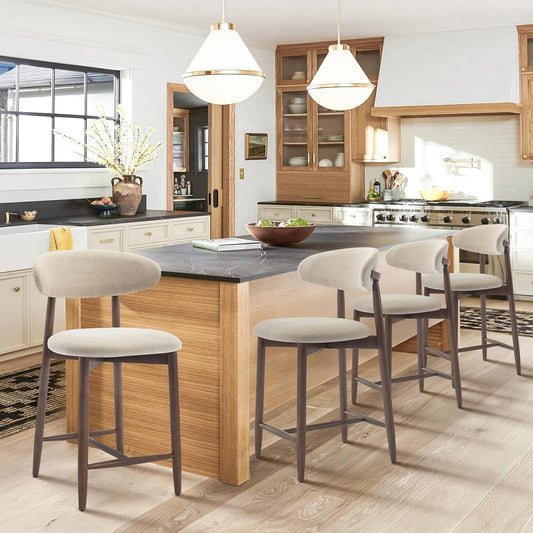 COLAMY Counter Height Bar Stools Set of 4, Kitchen Bar Stools with Back, Mid Century Modern Upholstered Bar Stools with Wood Legs for Kitchen Island Dining Room Bar, Beige