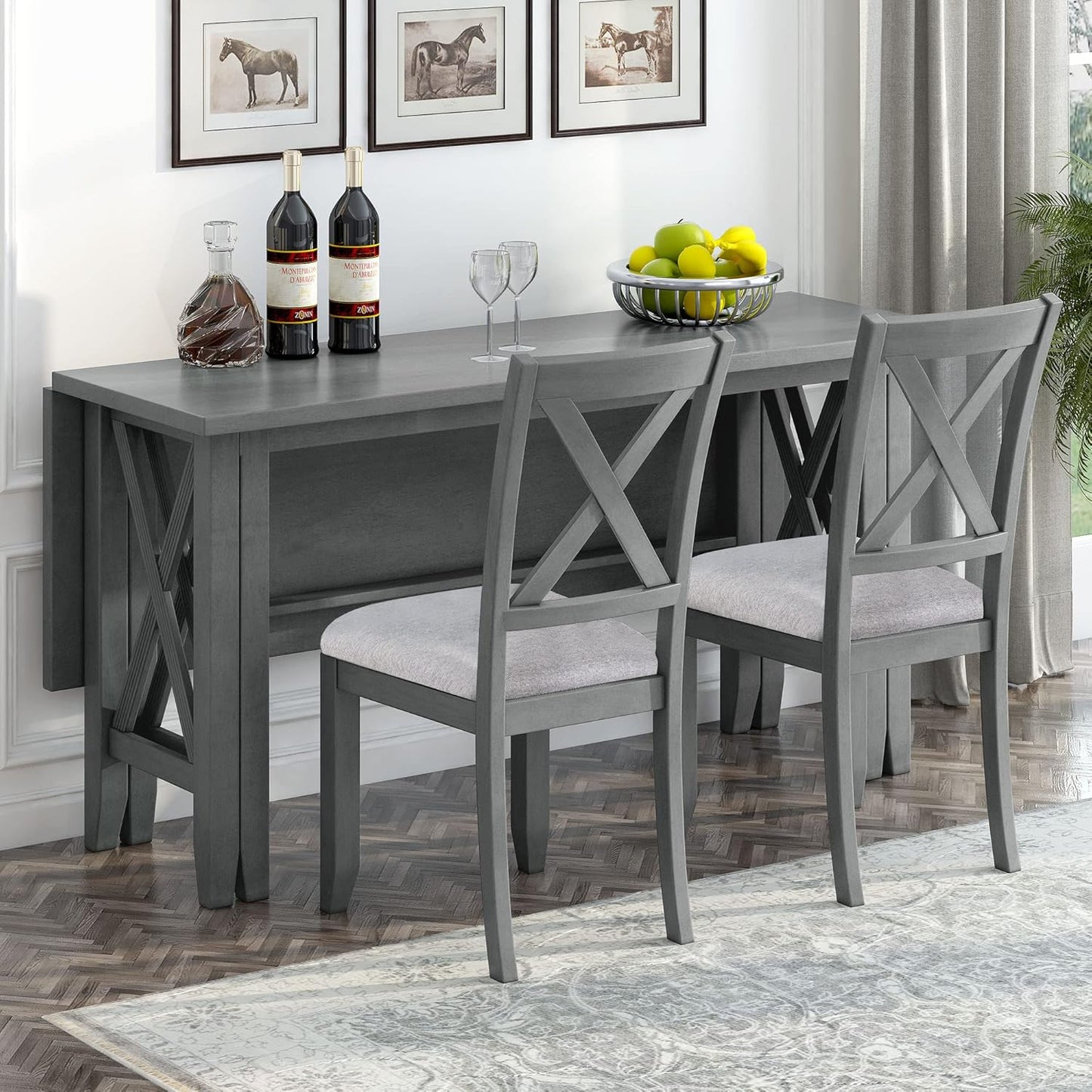 Ball & Cast 6-Piece Dining Table Set, 60" Wood Dining Kitchen Table & Chairs Set, Rectangular Dining Room Foldable Table with 4 Upholstered Chairs & 1 Bench,Perfect for Dining Room, Kitchen, Gray