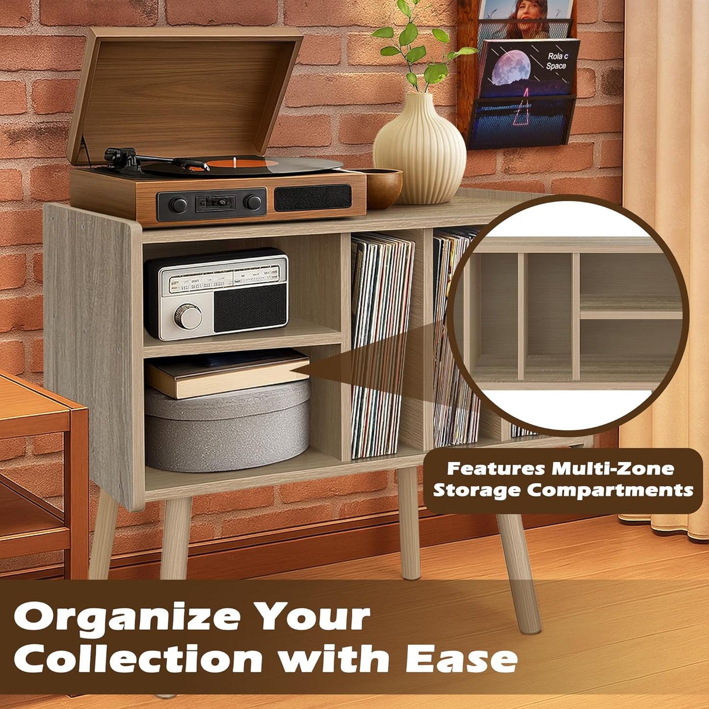 Record Player Stand with Vinyl Storage, Wooden Record Player Table with 5 Cabinet, Large Vinyl Record Player Stand, Record Player Holder, Record Player Shelf for Office Living Room, White Oak